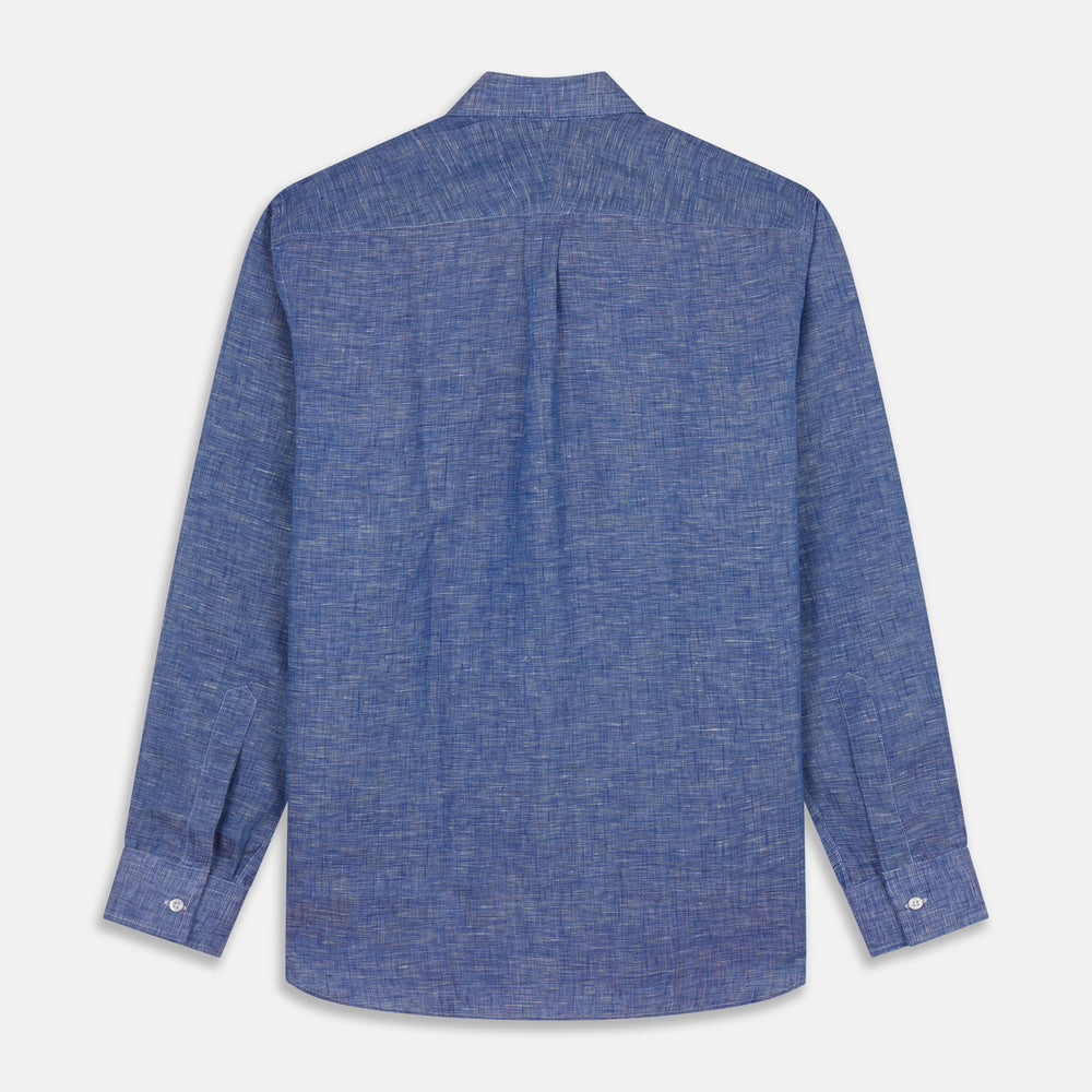 The Indigo Linen Weekend Fit Shirt with Derby Collar by Turnbull & Asser, shown flat on a white background, features long sleeves, white buttons, and buttoned cuffs—ideal for pairing with a classic suit or for casual wear.