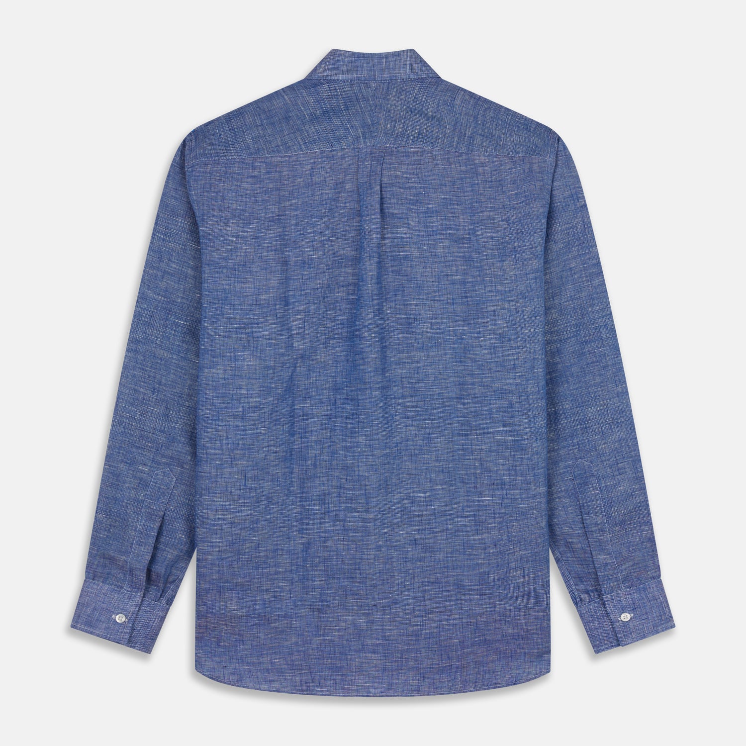 View 6 of product The Indigo Linen Weekend Fit Shirt with Derby Collar by Turnbull & Asser, shown flat on a white background, features long sleeves, white buttons, and buttoned cuffs—ideal for pairing with a classic suit or for casual wear.