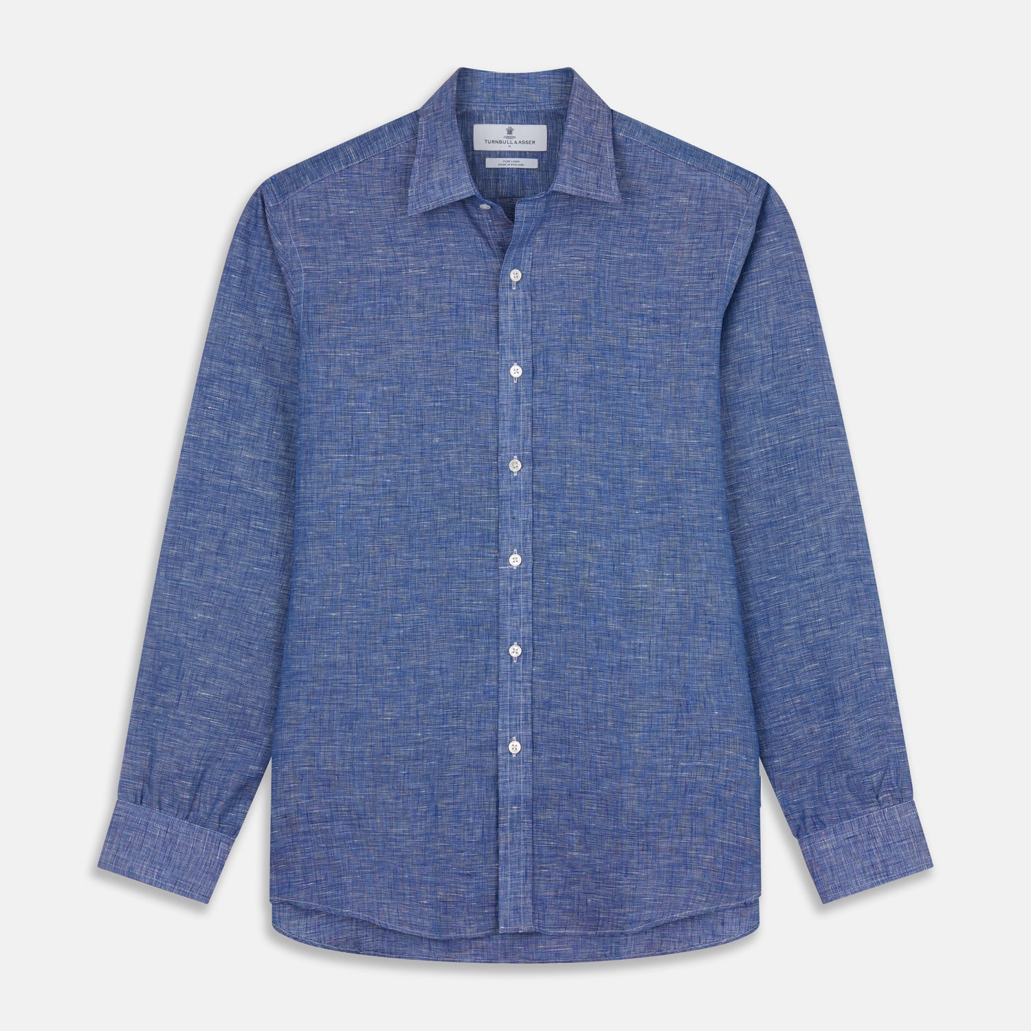 View 1 of product The Indigo Linen Weekend Fit Shirt with Derby Collar by Turnbull & Asser, shown flat on a white background, features long sleeves, white buttons, and buttoned cuffs—ideal for pairing with a classic suit or for casual wear.
