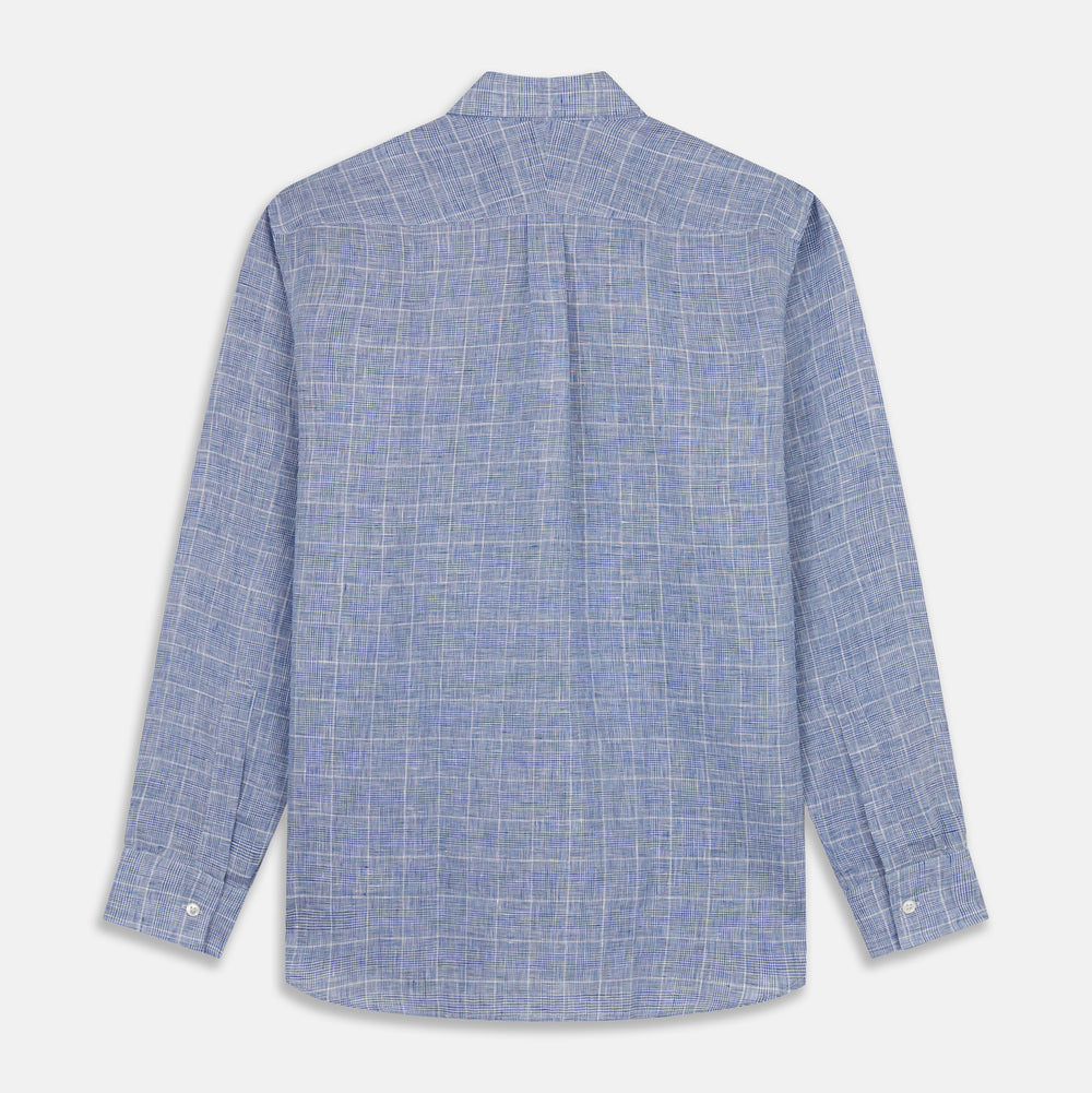 The Indigo Linen Glen Check Weekend Fit Shirt with Derby Collar by Turnbull & Asser is a light blue, long-sleeve checked linen shirt, featuring a subtle white plaid pattern and shown against a plain white background.