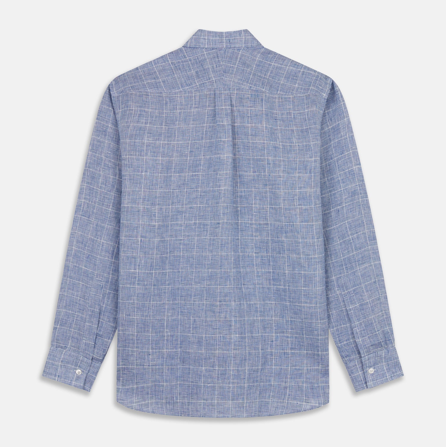 View 6 of product The Indigo Linen Glen Check Weekend Fit Shirt with Derby Collar by Turnbull & Asser is a light blue, long-sleeve checked linen shirt, featuring a subtle white plaid pattern and shown against a plain white background.