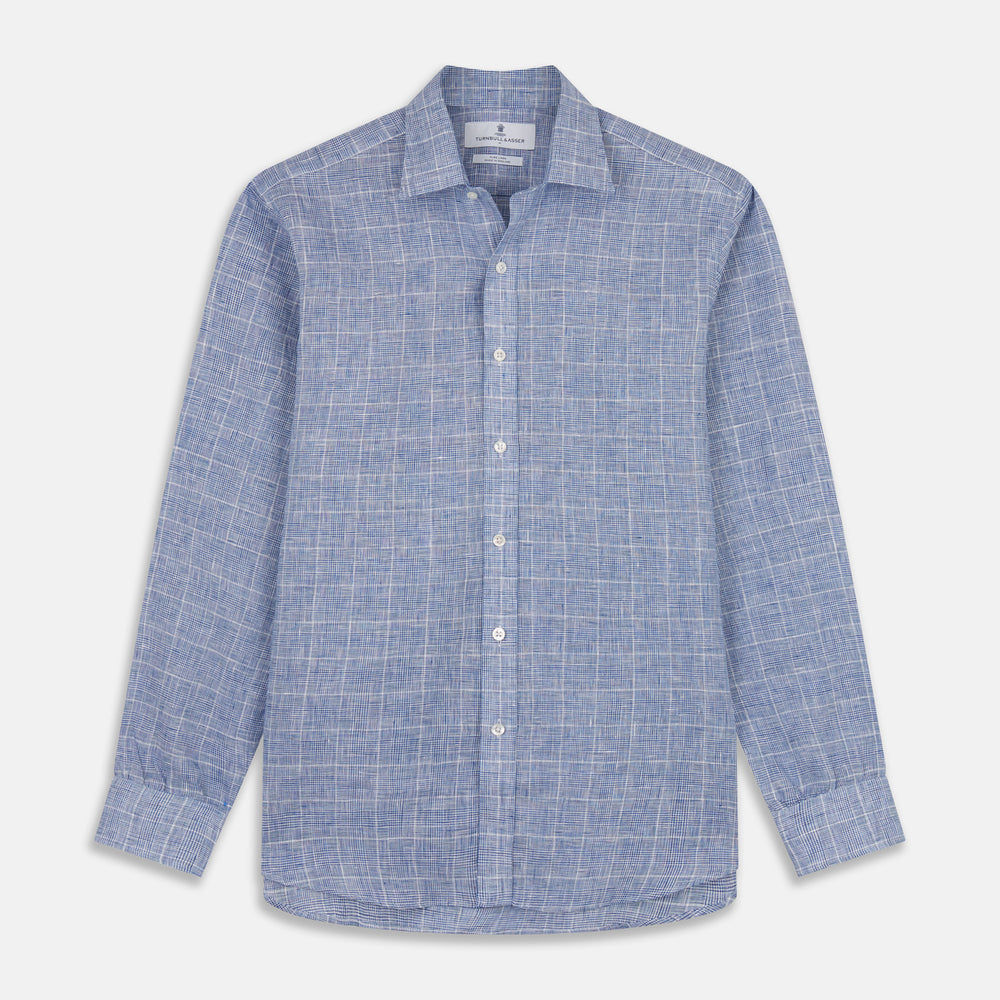 The Indigo Linen Glen Check Weekend Fit Shirt with Derby Collar by Turnbull & Asser is a light blue, long-sleeve checked linen shirt, featuring a subtle white plaid pattern and shown against a plain white background.