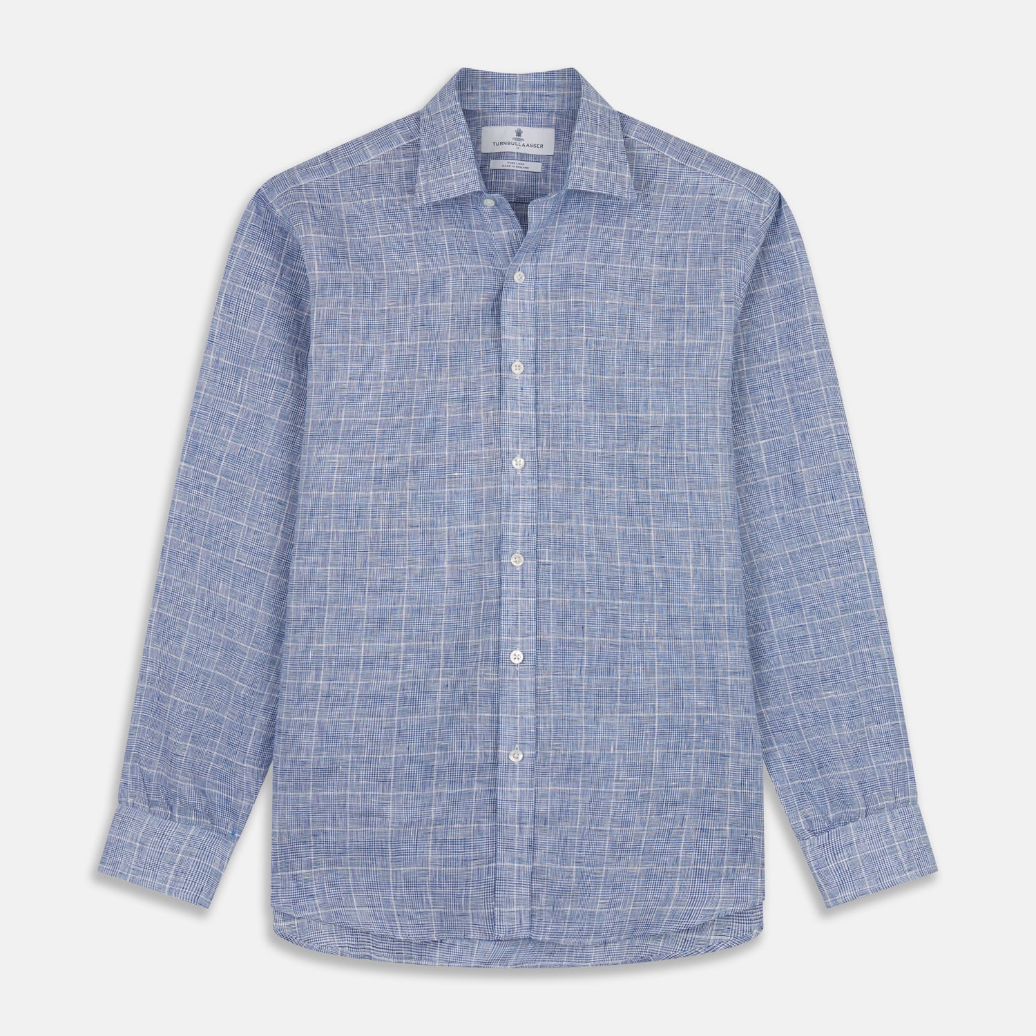 View 1 of product The Indigo Linen Glen Check Weekend Fit Shirt with Derby Collar by Turnbull & Asser is a light blue, long-sleeve checked linen shirt, featuring a subtle white plaid pattern and shown against a plain white background.