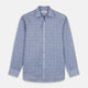 The Indigo Linen Glen Check Weekend Fit Shirt with Derby Collar by Turnbull & Asser is a light blue, long-sleeve checked linen shirt, featuring a subtle white plaid pattern and shown against a plain white background.