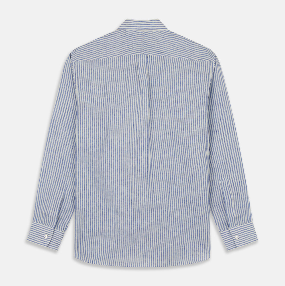 The Turnbull & Asser Sky Blue Linen Stripe Weekend Fit Shirt features blue and white vertical stripes, a Derby collar, and buttoned cuffs—ideal for pairing with classic cotton suits or other Weekend Fit shirts.