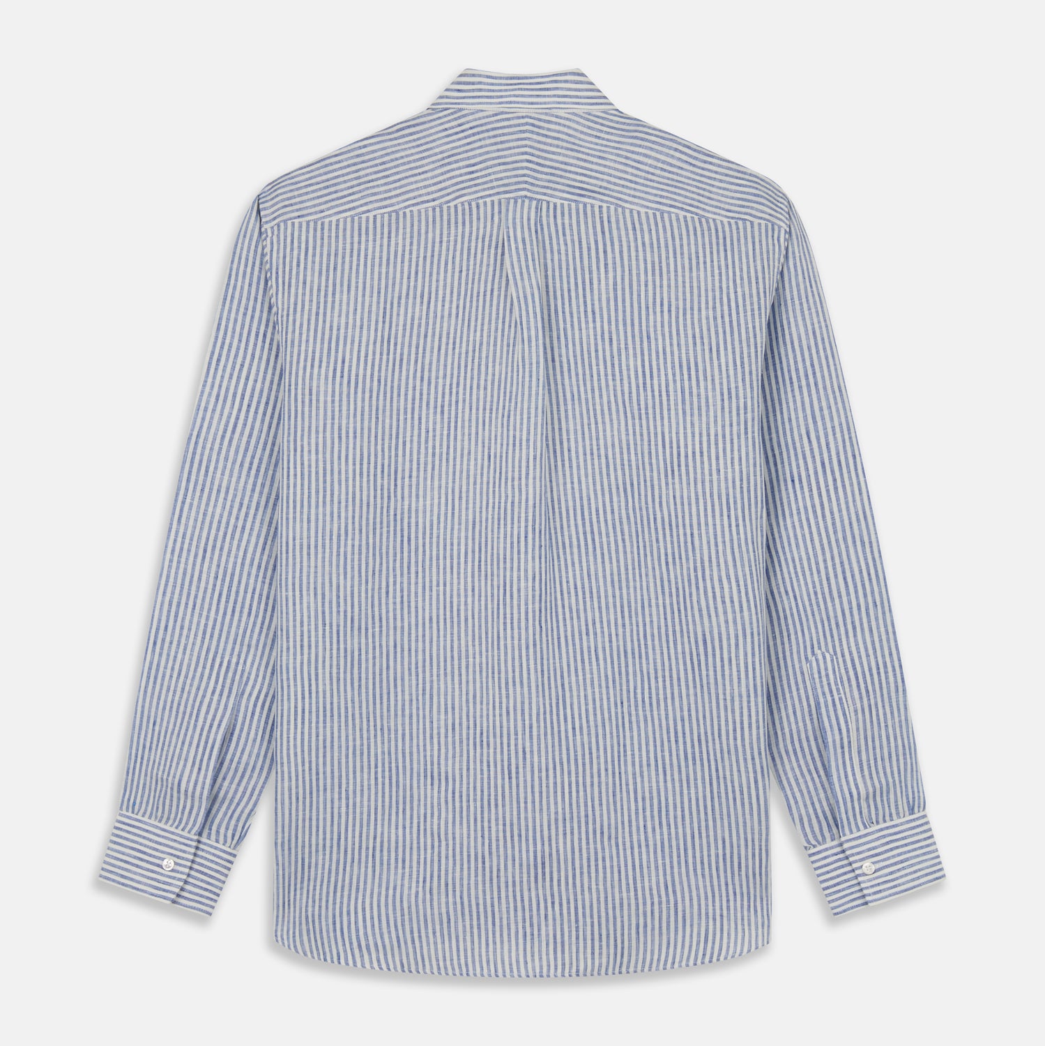 View 5 of product The Turnbull & Asser Sky Blue Linen Stripe Weekend Fit Shirt features blue and white vertical stripes, a Derby collar, and buttoned cuffs—ideal for pairing with classic cotton suits or other Weekend Fit shirts.