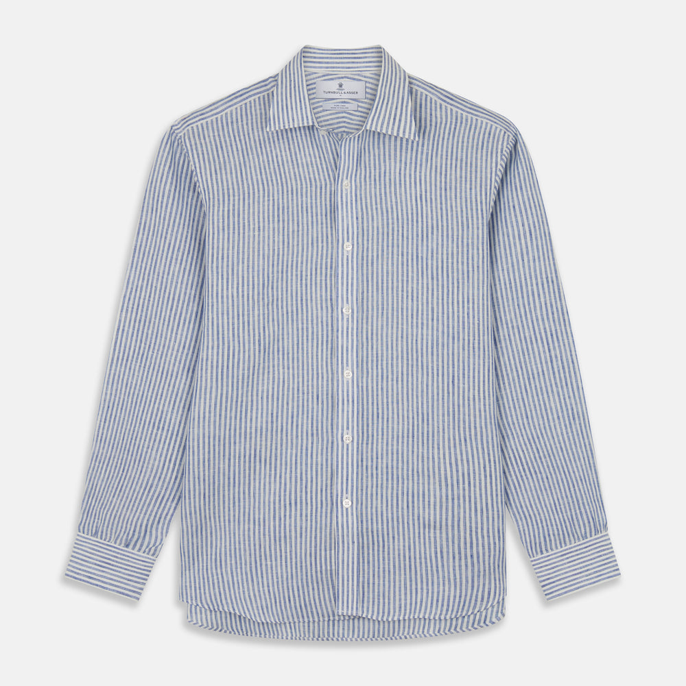 The Turnbull & Asser Sky Blue Linen Stripe Weekend Fit Shirt features blue and white vertical stripes, a Derby collar, and buttoned cuffs—ideal for pairing with classic cotton suits or other Weekend Fit shirts.