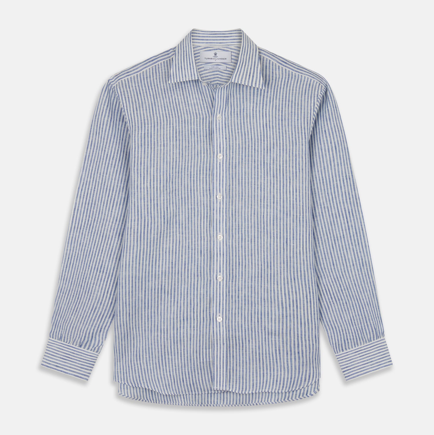 View 1 of product The Turnbull & Asser Sky Blue Linen Stripe Weekend Fit Shirt features blue and white vertical stripes, a Derby collar, and buttoned cuffs—ideal for pairing with classic cotton suits or other Weekend Fit shirts.