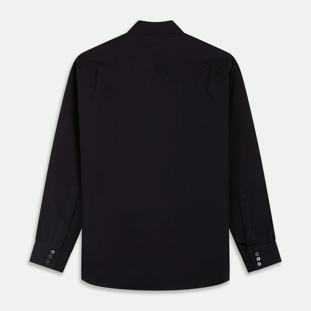 The Turnbull & Asser Navy Cotton Weekend Fit Western Shirt features a Dorset collar and two chest pockets with flaps, shown on a white background—ideal for smart-casual style.
