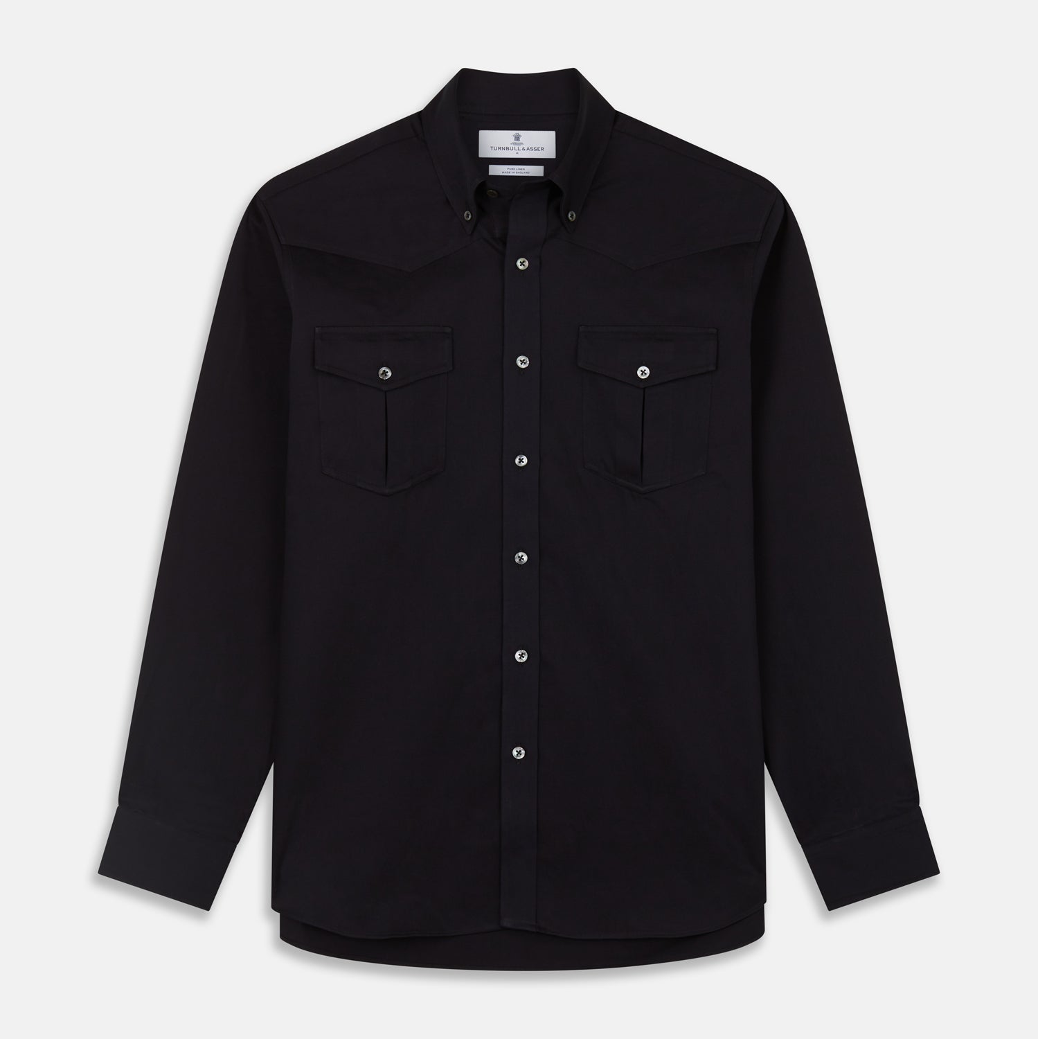 View 1 of product The Turnbull & Asser Navy Cotton Weekend Fit Western Shirt features a Dorset collar and two chest pockets with flaps, shown on a white background—ideal for smart-casual style.