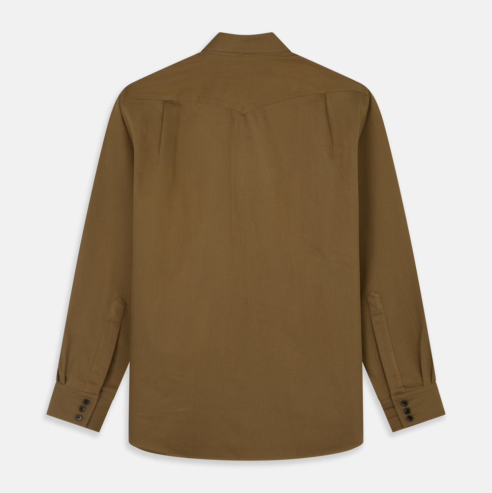 The Turnbull & Asser Khaki Cotton Weekend Fit Western Shirt features a Dorset collar, long sleeves, two button-flap chest pockets, and buttoned cuffs—an essential smart-casual piece shown against a white background.
