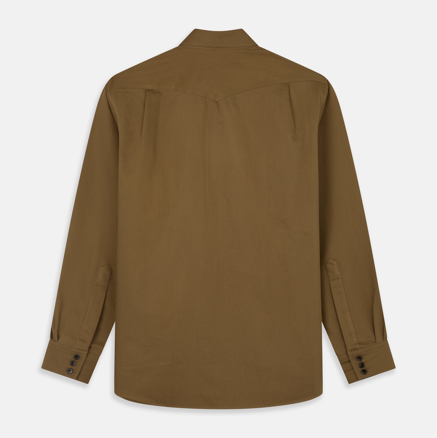 View 5 of product The Turnbull & Asser Khaki Cotton Weekend Fit Western Shirt features a Dorset collar, long sleeves, two button-flap chest pockets, and buttoned cuffs—an essential smart-casual piece shown against a white background.