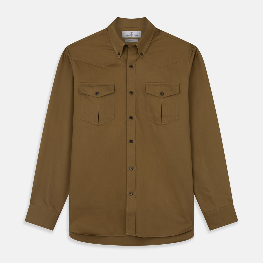 The Turnbull & Asser Khaki Cotton Weekend Fit Western Shirt features a Dorset collar, long sleeves, two button-flap chest pockets, and buttoned cuffs—an essential smart-casual piece shown against a white background.