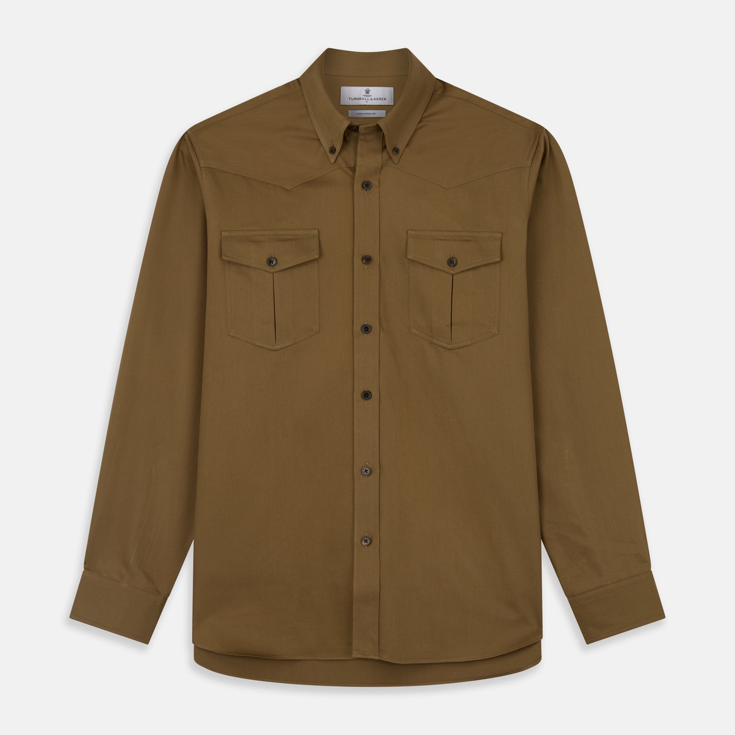 View 1 of product The Turnbull & Asser Khaki Cotton Weekend Fit Western Shirt features a Dorset collar, long sleeves, two button-flap chest pockets, and buttoned cuffs—an essential smart-casual piece shown against a white background.