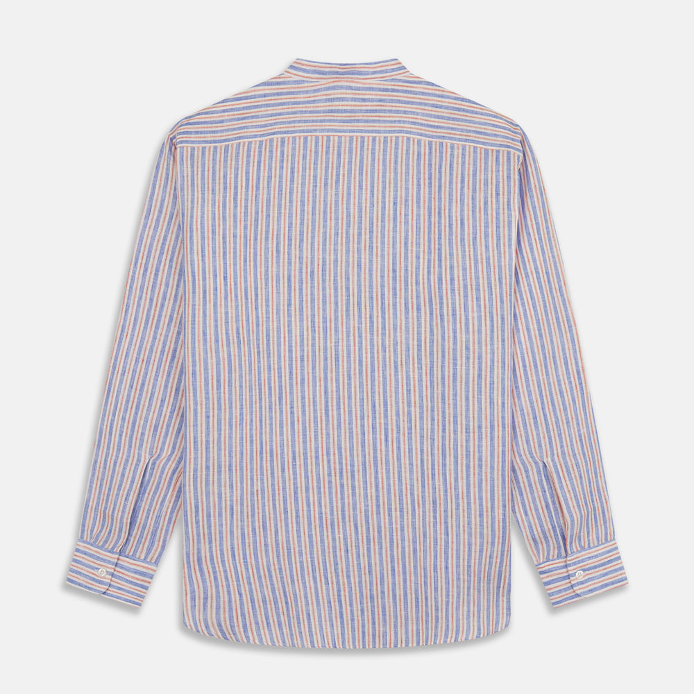 The Turnbull & Asser Blue & Red Linen Stripe Weekend Fit Shirt features a stand collar, vertical stripes, and two chest pockets with button flaps—perfect for casual style.