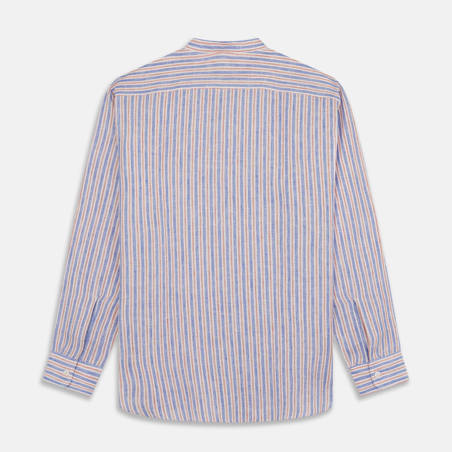 View 5 of product The Turnbull & Asser Blue & Red Linen Stripe Weekend Fit Shirt features a stand collar, vertical stripes, and two chest pockets with button flaps—perfect for casual style.
