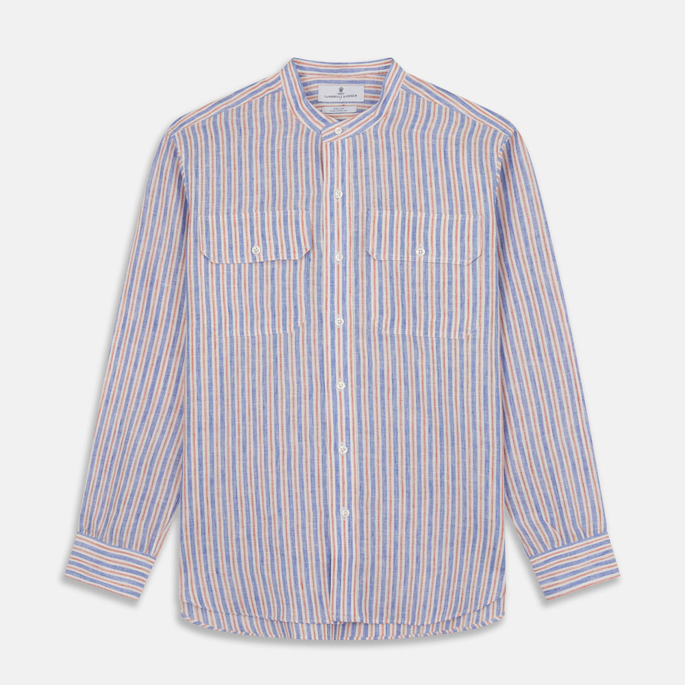 The Turnbull & Asser Blue & Red Linen Stripe Weekend Fit Shirt features a stand collar, vertical stripes, and two chest pockets with button flaps—perfect for casual style.
