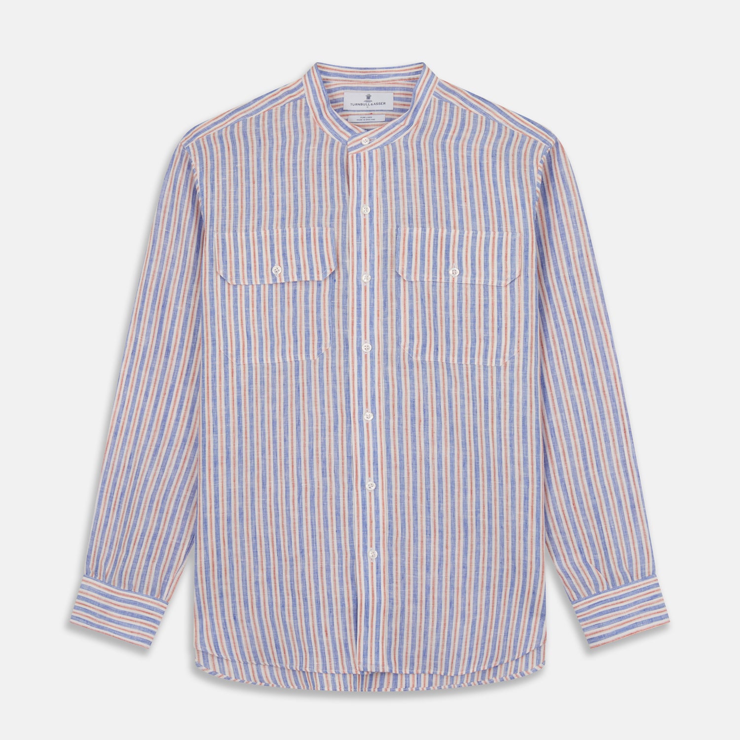 View 1 of product The Turnbull & Asser Blue & Red Linen Stripe Weekend Fit Shirt features a stand collar, vertical stripes, and two chest pockets with button flaps—perfect for casual style.