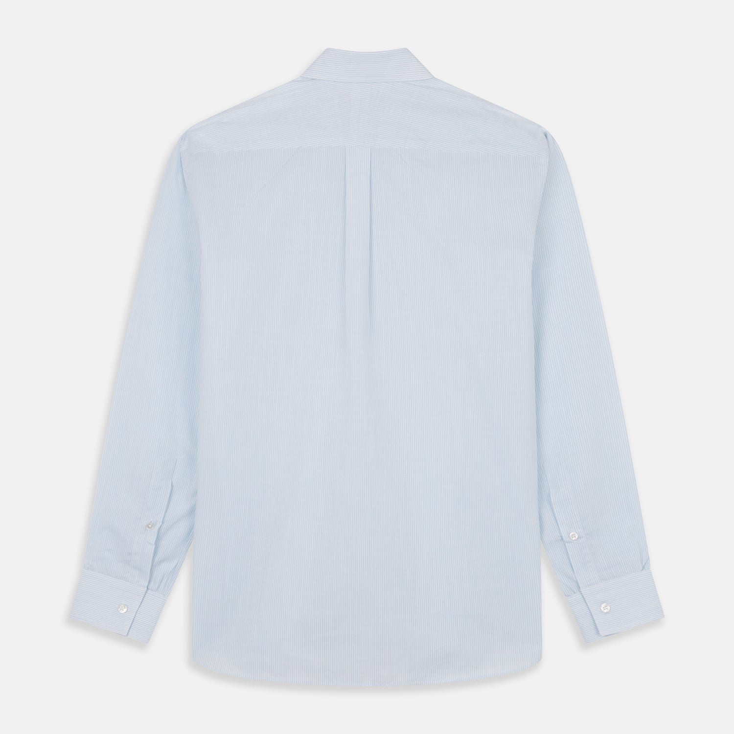 View 5 of product The Turnbull & Asser Sky Blue Chambray Stripe Weekend Fit Shirt features a Dorset collar, long sleeves, and two button-flap chest pockets, offering a relaxed look. Displayed on a plain white background.