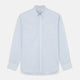 The Turnbull & Asser Sky Blue Chambray Stripe Weekend Fit Shirt features a Dorset collar, long sleeves, and two button-flap chest pockets, offering a relaxed look. Displayed on a plain white background.