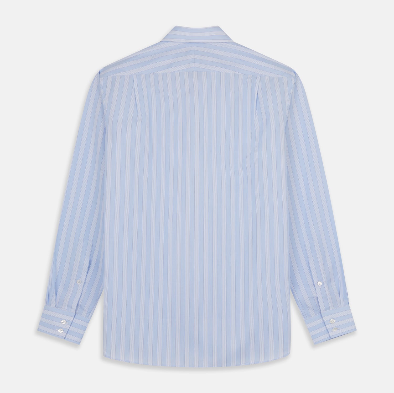 View 5 of product The Turnbull & Asser Tonal Blue Stripe Tailored Fit Shirt with Kent Collar features long sleeves and a button-up front, shown laid flat against a white background.
