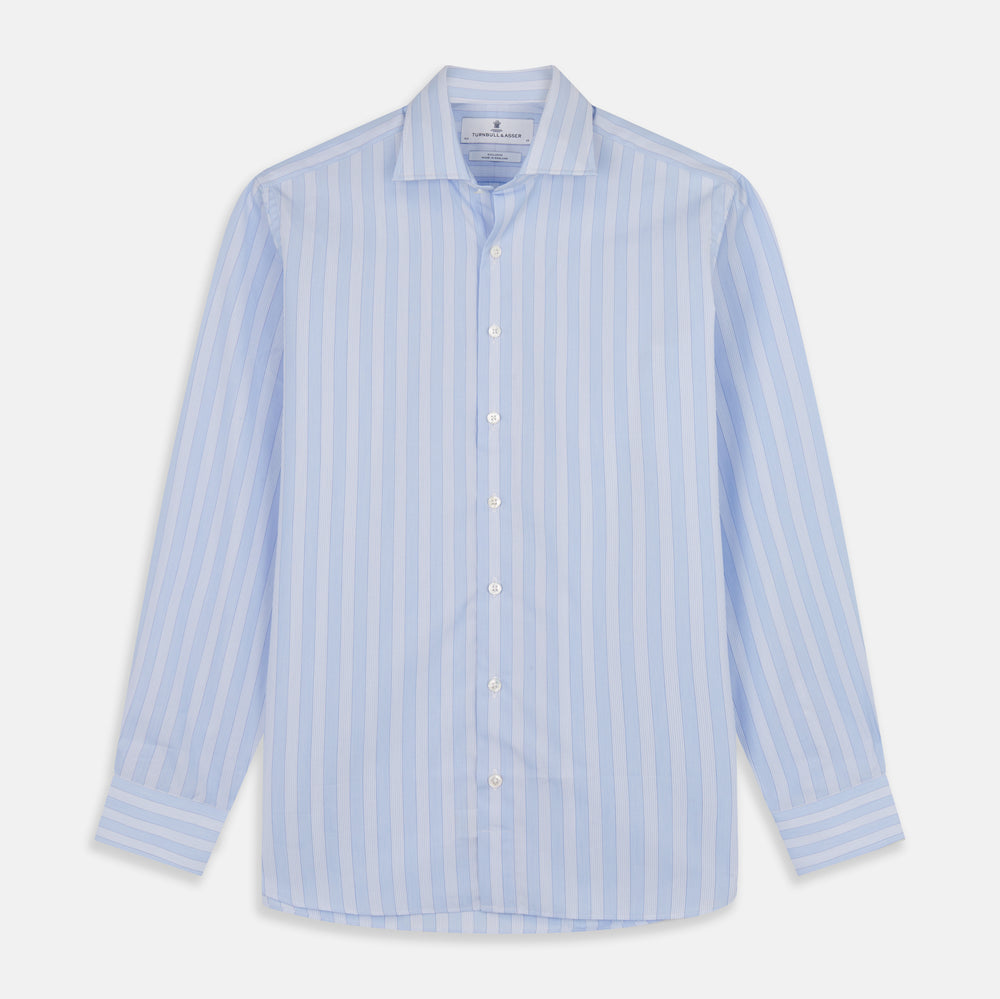 The Turnbull & Asser Tonal Blue Stripe Tailored Fit Shirt with Kent Collar features long sleeves and a button-up front, shown laid flat against a white background.