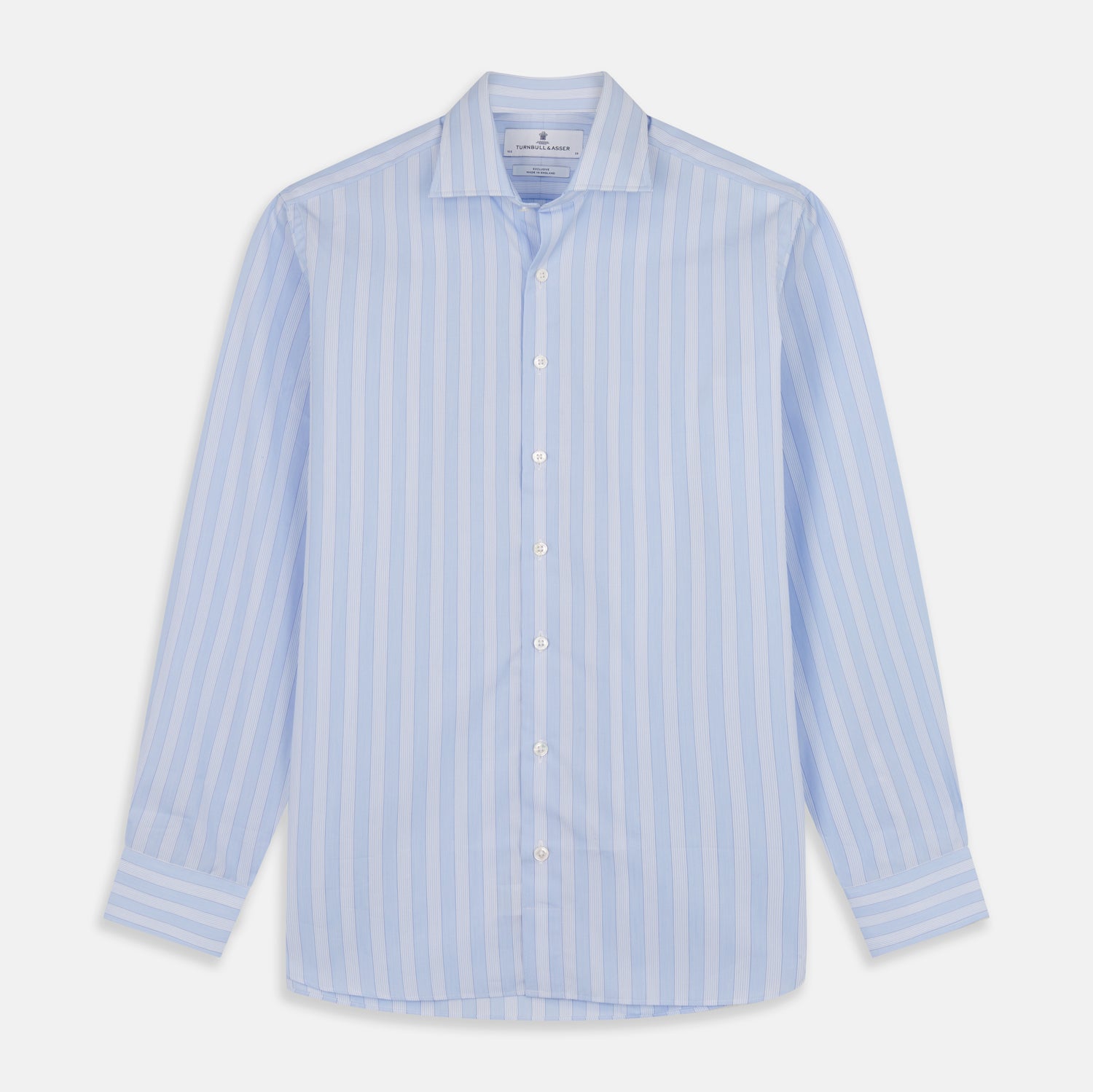 View 1 of product The Turnbull & Asser Tonal Blue Stripe Tailored Fit Shirt with Kent Collar features long sleeves and a button-up front, shown laid flat against a white background.