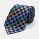 The Green Multi Check Silk Tie by Turnbull & Asser features a green checkered pattern with blue, yellow, and light purple squares on dark blue—ideal for bold shirts and a vibrant summer palette.