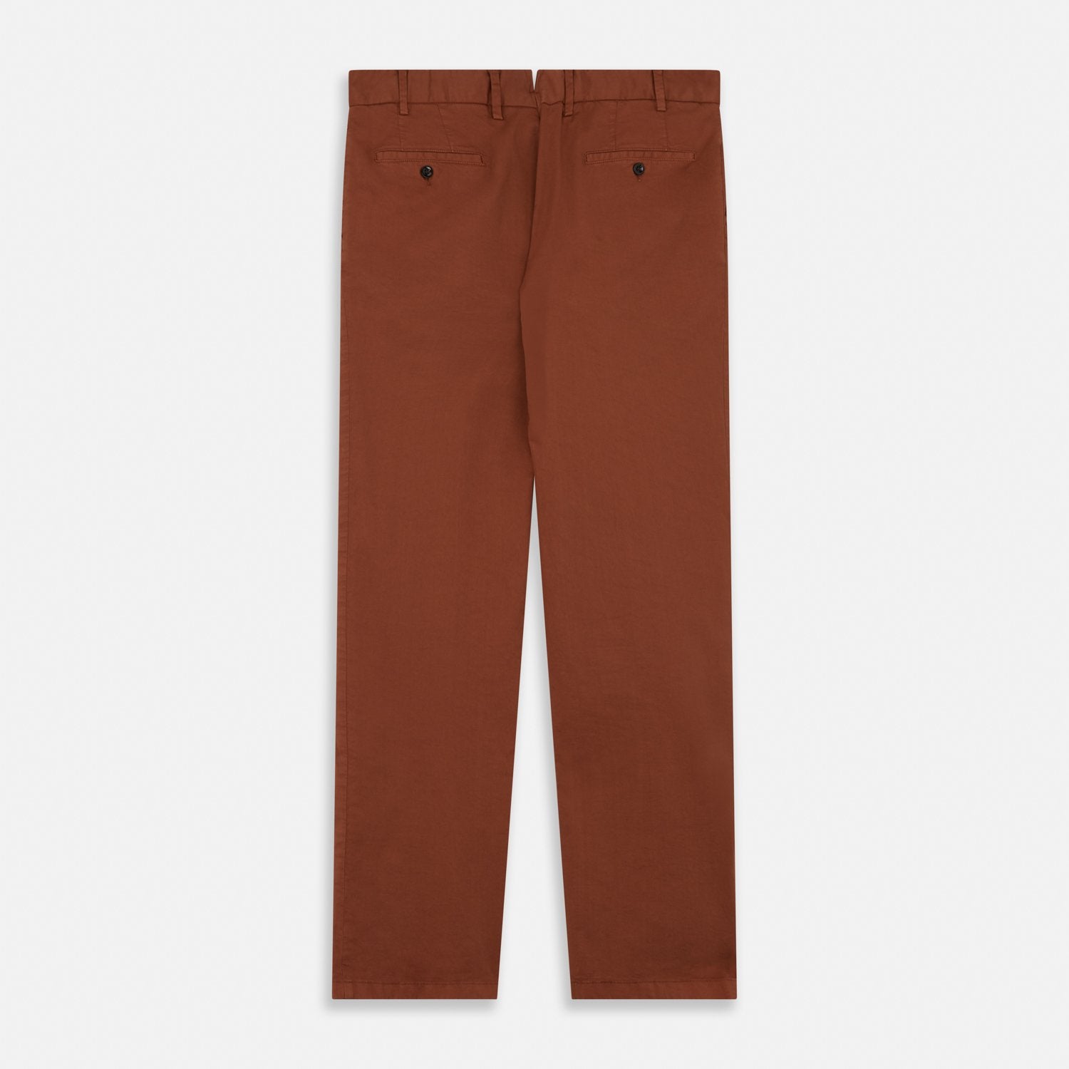View 3 of product The Turnbull & Asser Orange Classic Chino Manson Trouser, crafted from cotton twill in Italy with a straight-leg fit and button-zip closure, is displayed flat against a plain white background.