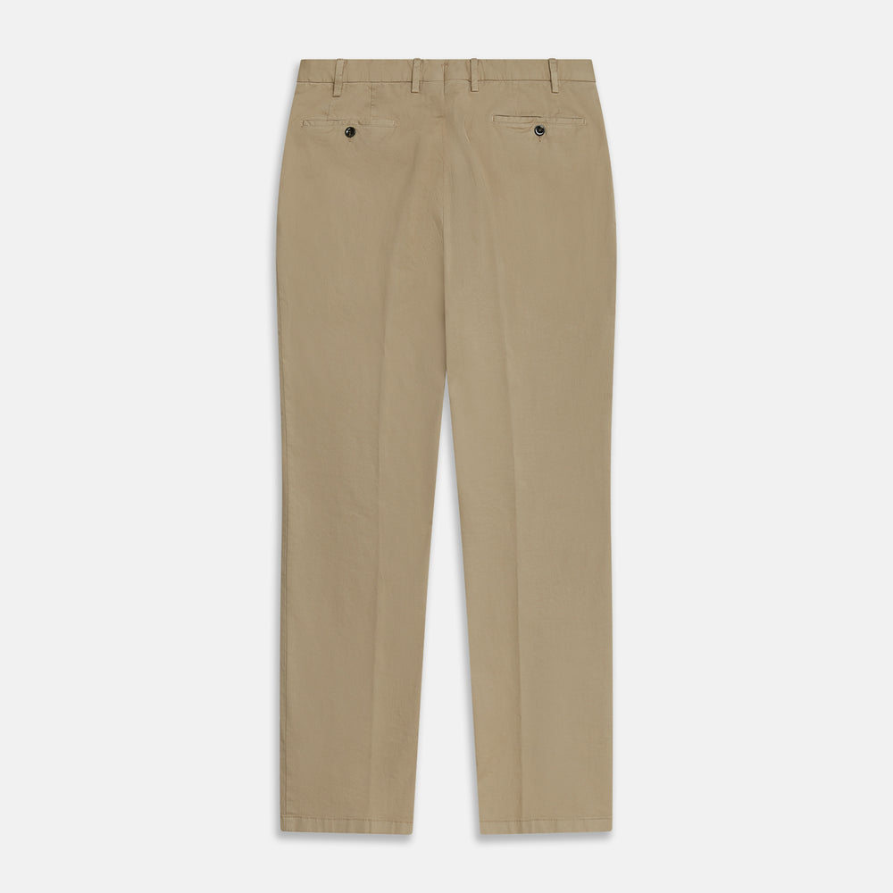 Turnbull & Asser's Taupe Classic Chino Manson Trouser, tailored in Italy from stretch cotton, features a button and zip closure, front pockets, and a straight-leg fit. Shown in taupe on a white background.