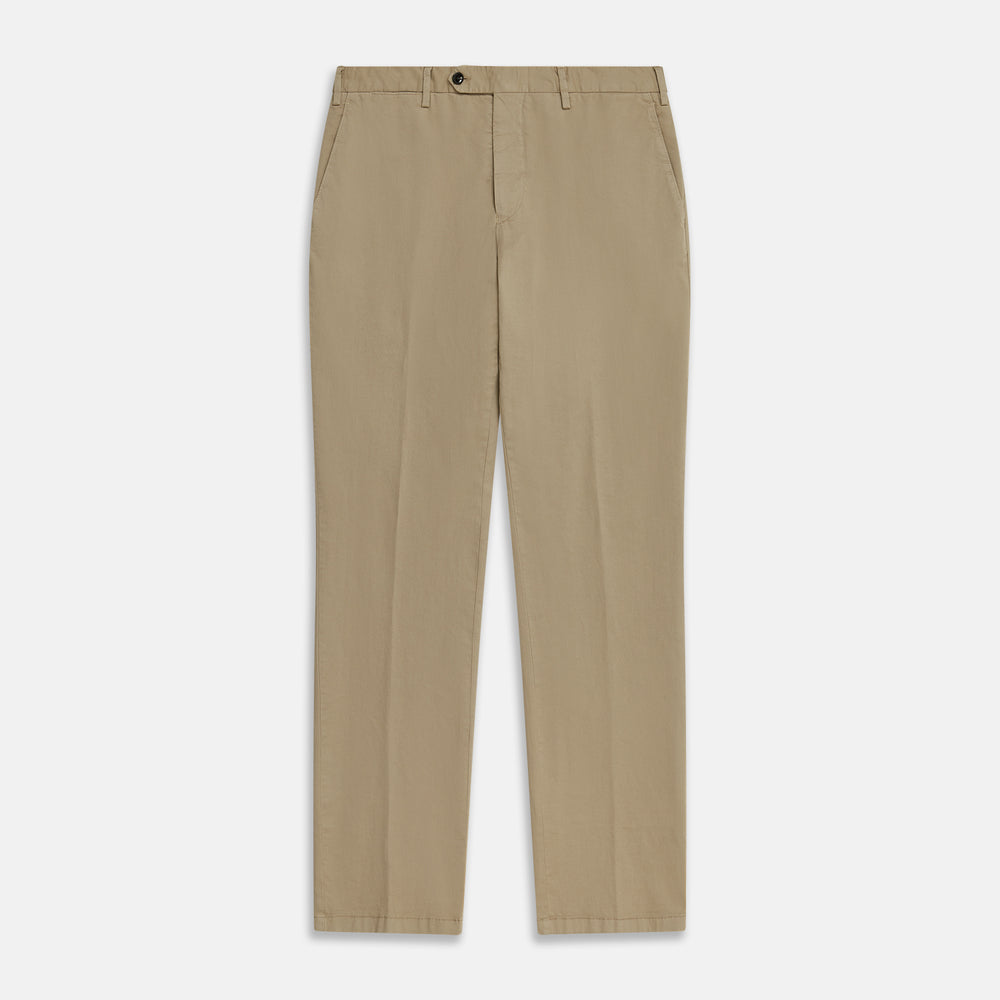 Turnbull & Asser's Taupe Classic Chino Manson Trouser, tailored in Italy from stretch cotton, features a button and zip closure, front pockets, and a straight-leg fit. Shown in taupe on a white background.