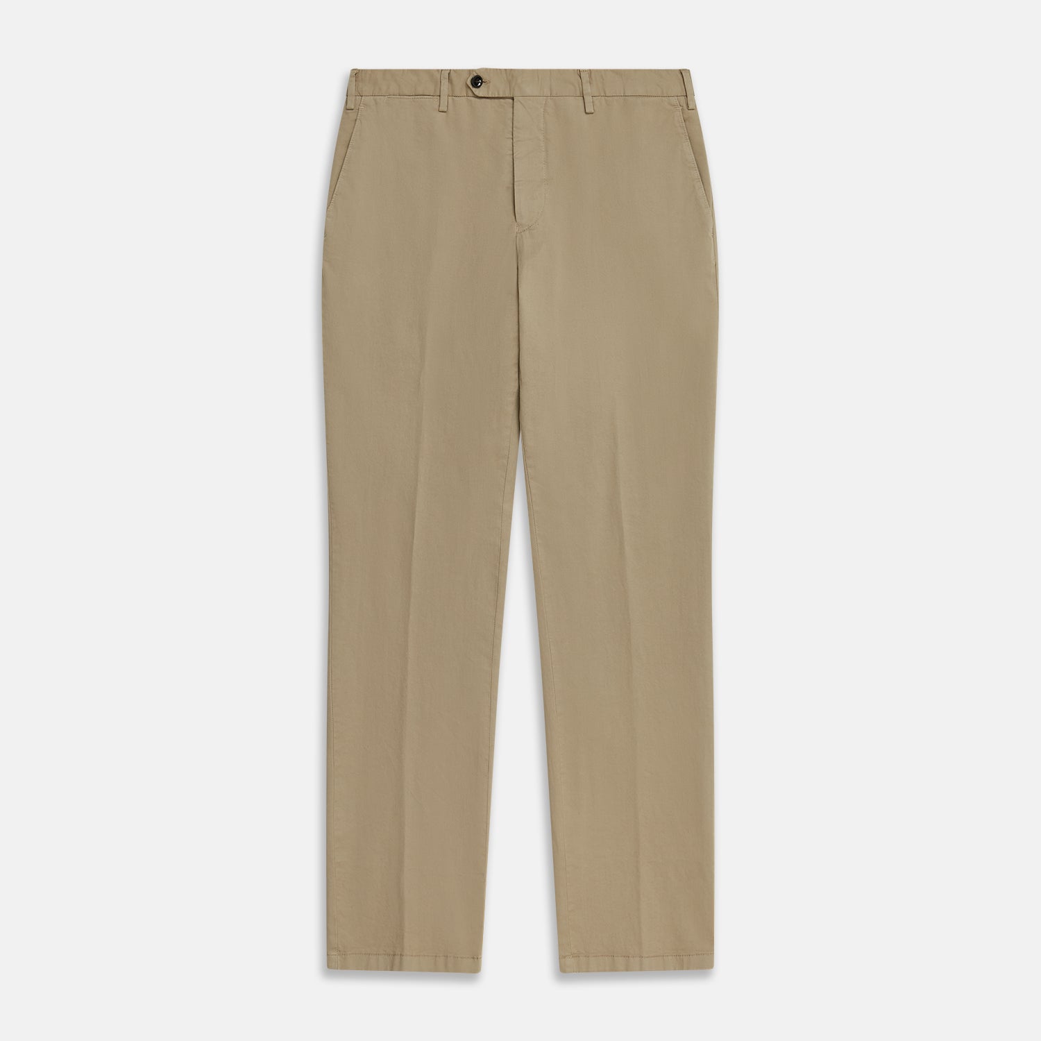 View 1 of product Turnbull & Asser's Taupe Classic Chino Manson Trouser, tailored in Italy from stretch cotton, features a button and zip closure, front pockets, and a straight-leg fit. Shown in taupe on a white background.