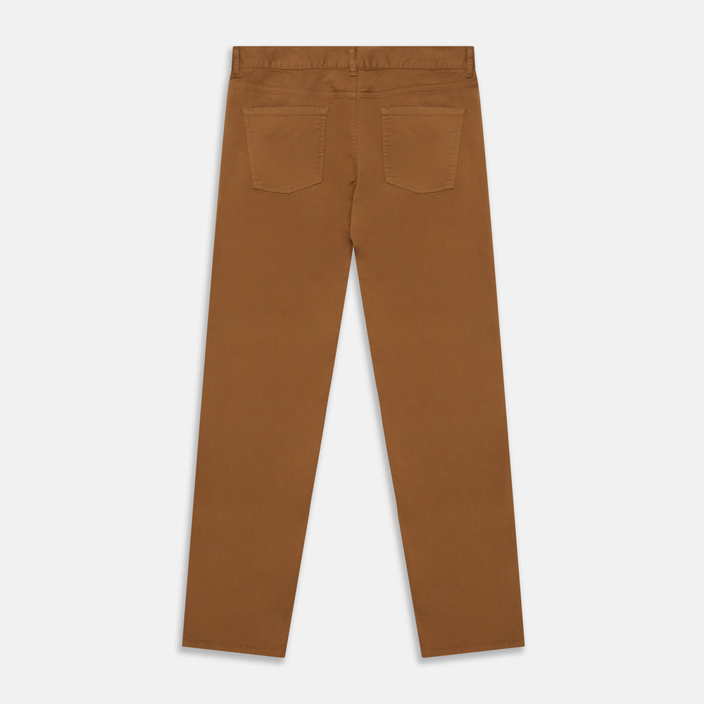 Tan Stretch Cotton Five-Pocket Mylo Jeans by Turnbull & Asser, featuring a classic straight-leg cut, are displayed flat on a white background—showcasing timeless style and quality craftsmanship.