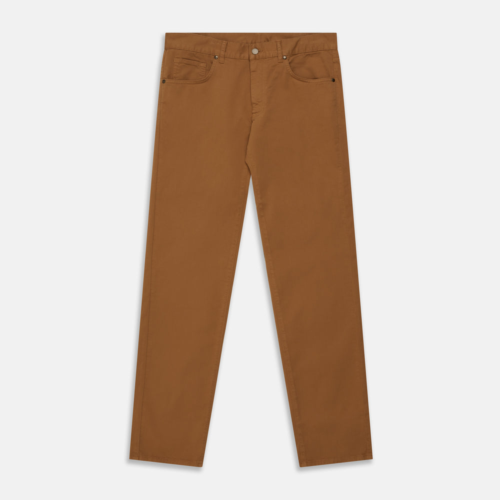 Tan Stretch Cotton Five-Pocket Mylo Jeans by Turnbull & Asser, featuring a classic straight-leg cut, are displayed flat on a white background—showcasing timeless style and quality craftsmanship.