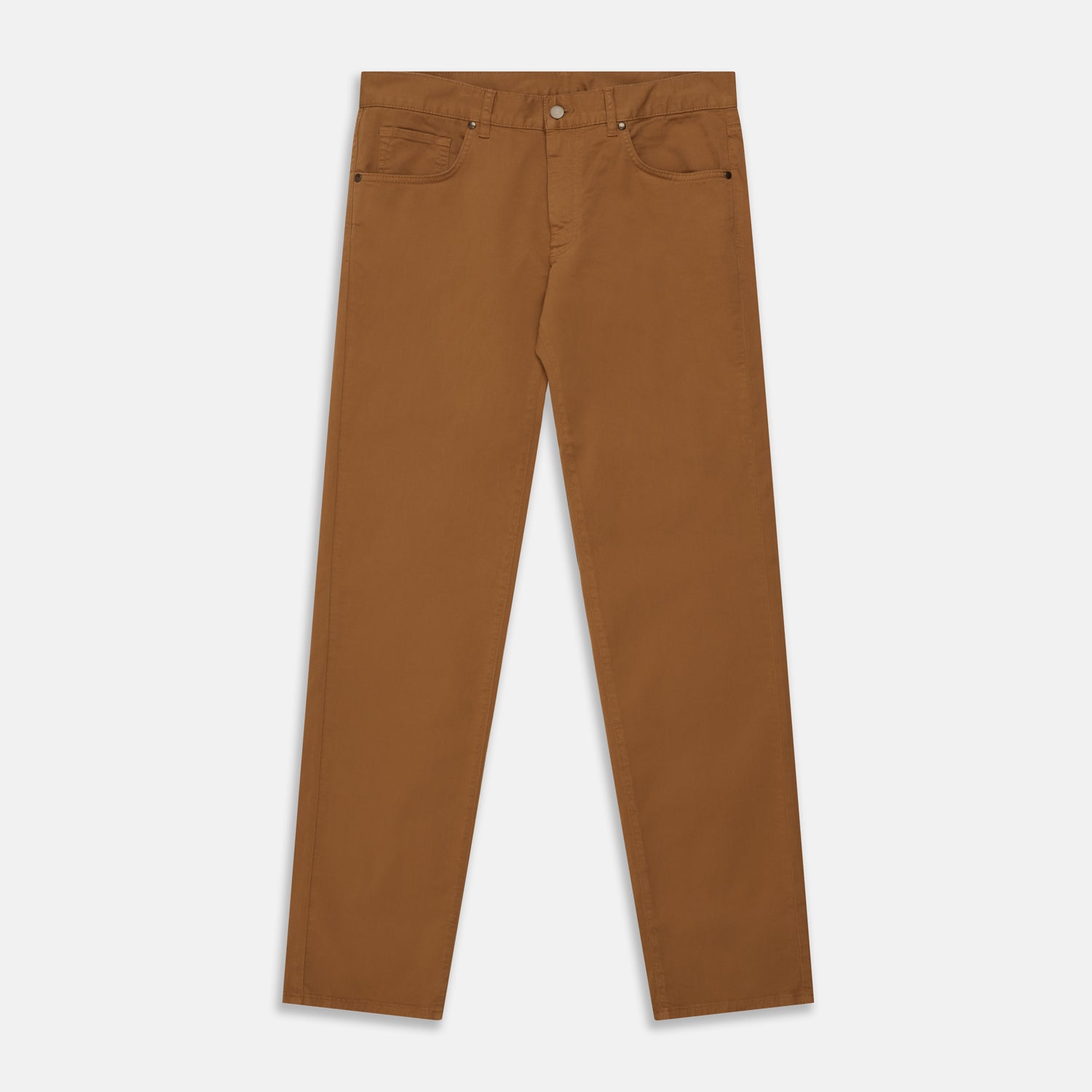 View 1 of product Tan Stretch Cotton Five-Pocket Mylo Jeans by Turnbull & Asser, featuring a classic straight-leg cut, are displayed flat on a white background—showcasing timeless style and quality craftsmanship.
