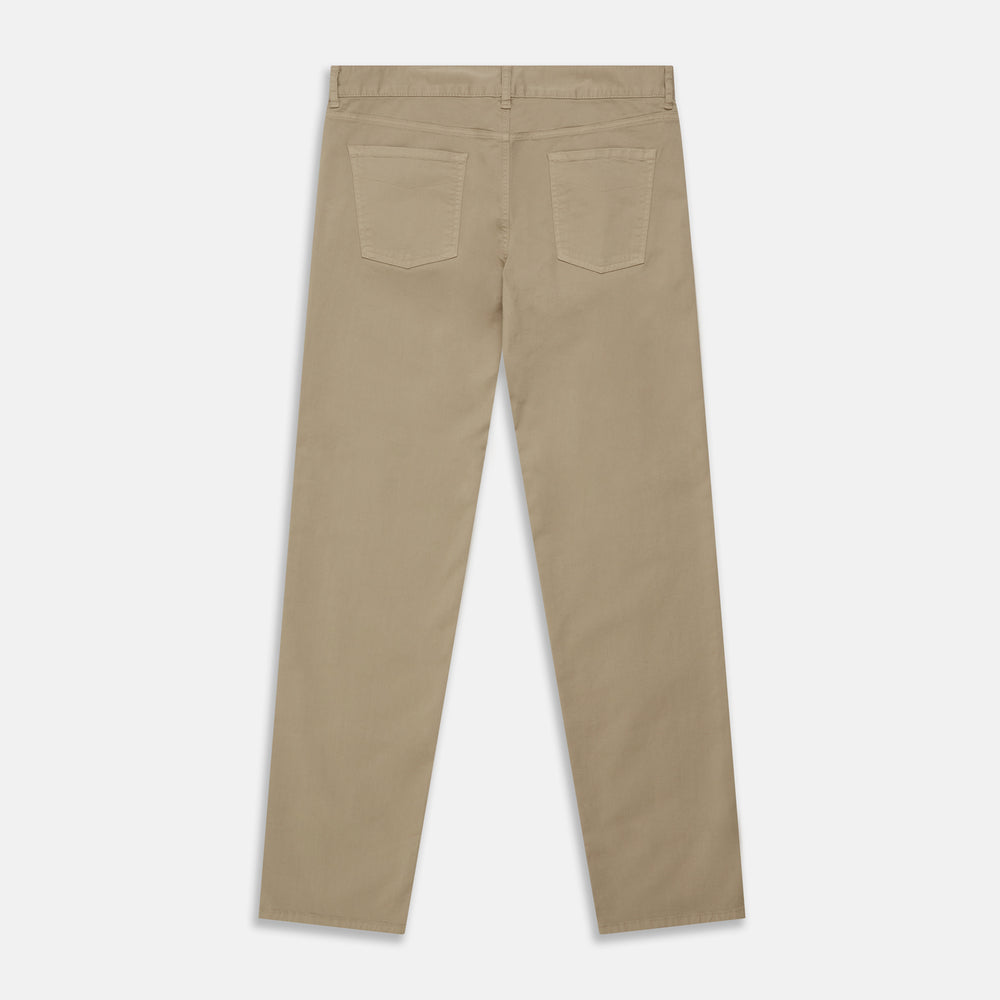The Turnbull & Asser Khaki Stretch Cotton Five-Pocket Mylo Jeans are shown flat on a white background, highlighting their straight-leg fit, front and back pockets, belt loops, and button waist closure.