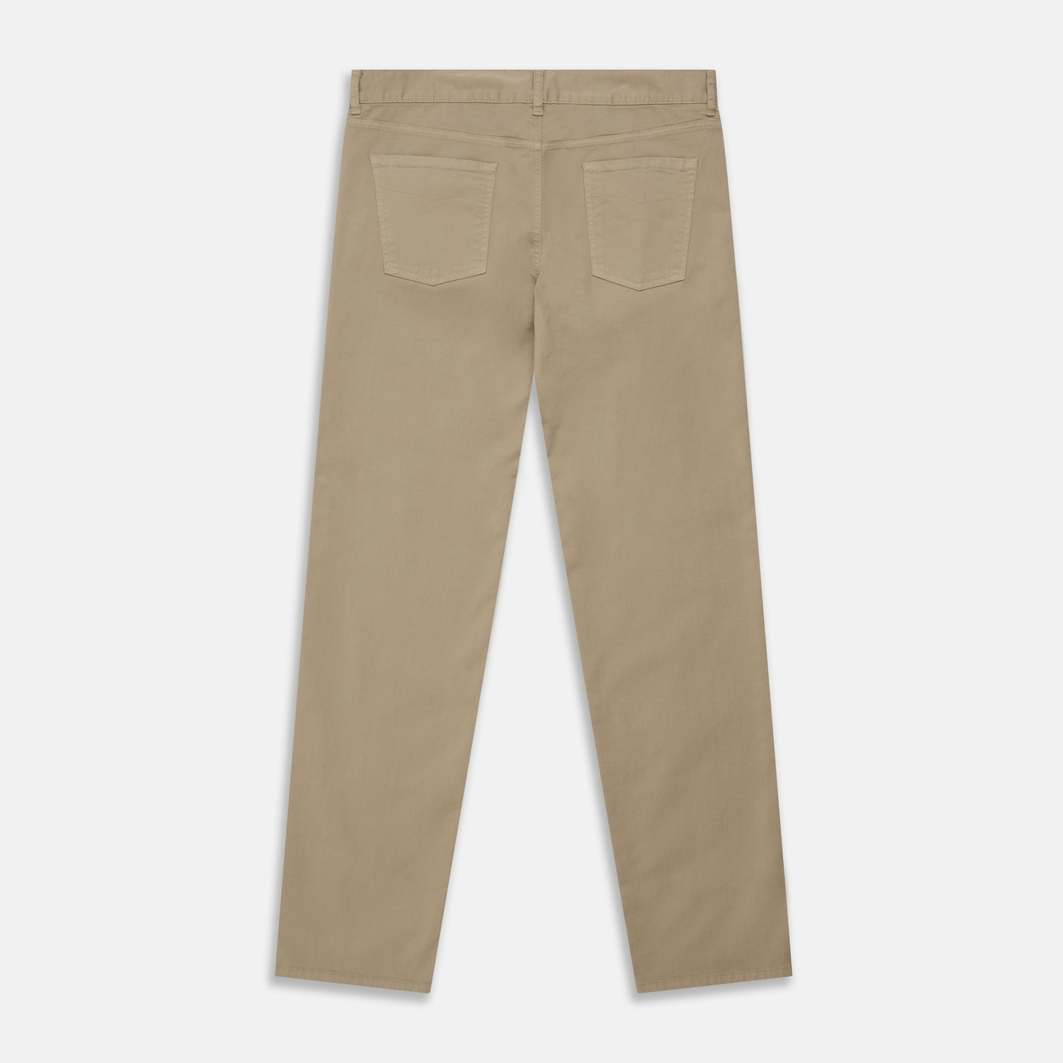 View 4 of product The Turnbull & Asser Khaki Stretch Cotton Five-Pocket Mylo Jeans are shown flat on a white background, highlighting their straight-leg fit, front and back pockets, belt loops, and button waist closure.