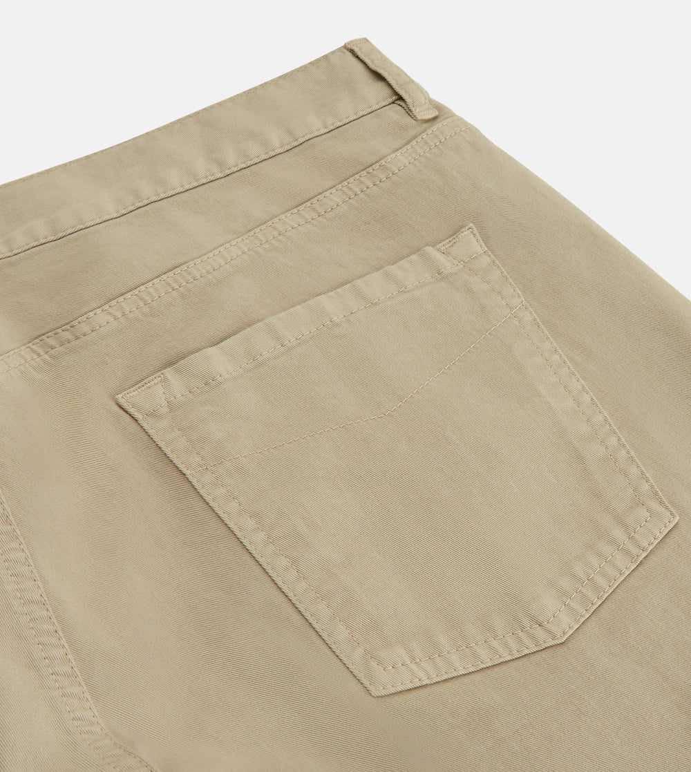 The Turnbull & Asser Khaki Stretch Cotton Five-Pocket Mylo Jeans are shown flat on a white background, highlighting their straight-leg fit, front and back pockets, belt loops, and button waist closure.