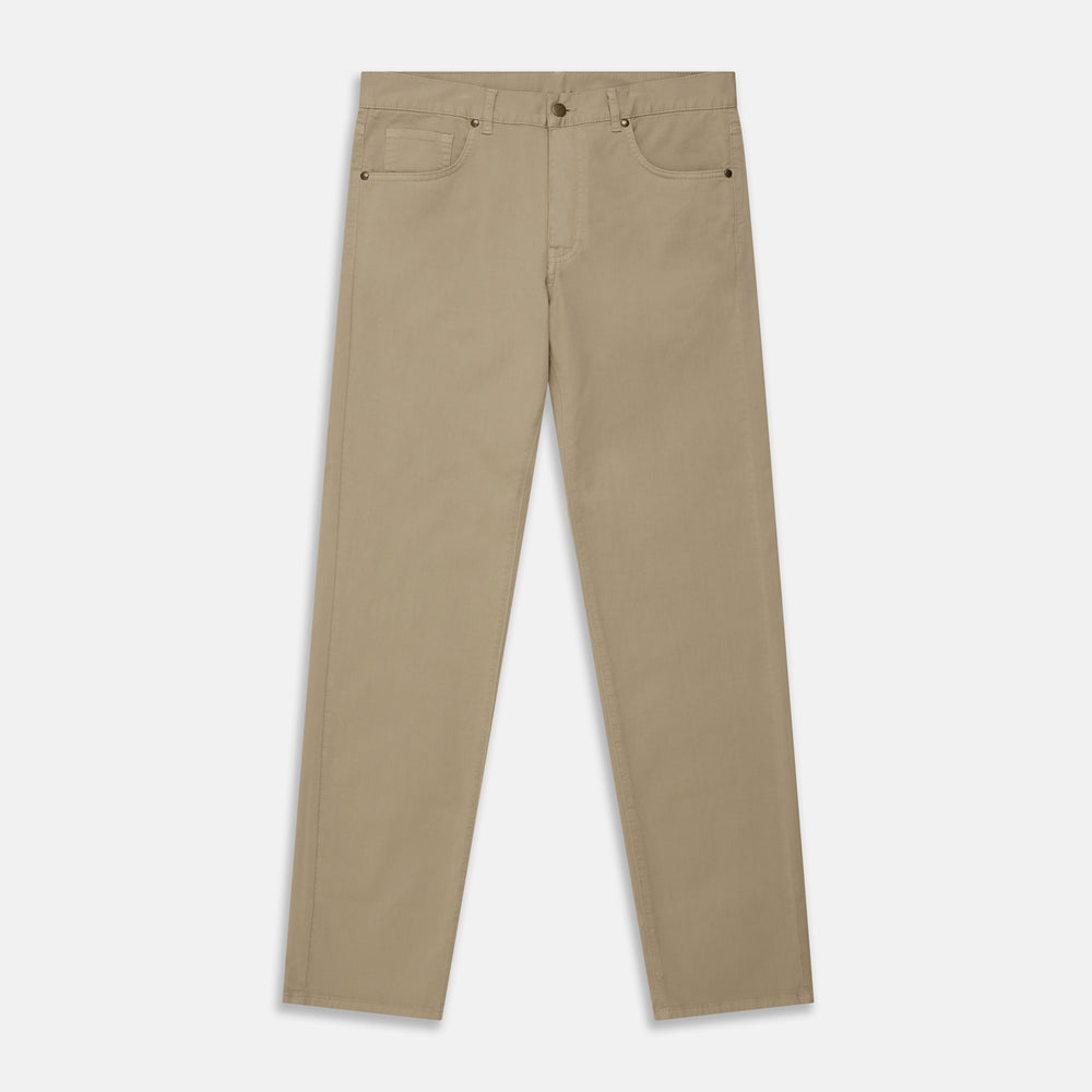 The Turnbull & Asser Khaki Stretch Cotton Five-Pocket Mylo Jeans are shown flat on a white background, highlighting their straight-leg fit, front and back pockets, belt loops, and button waist closure.