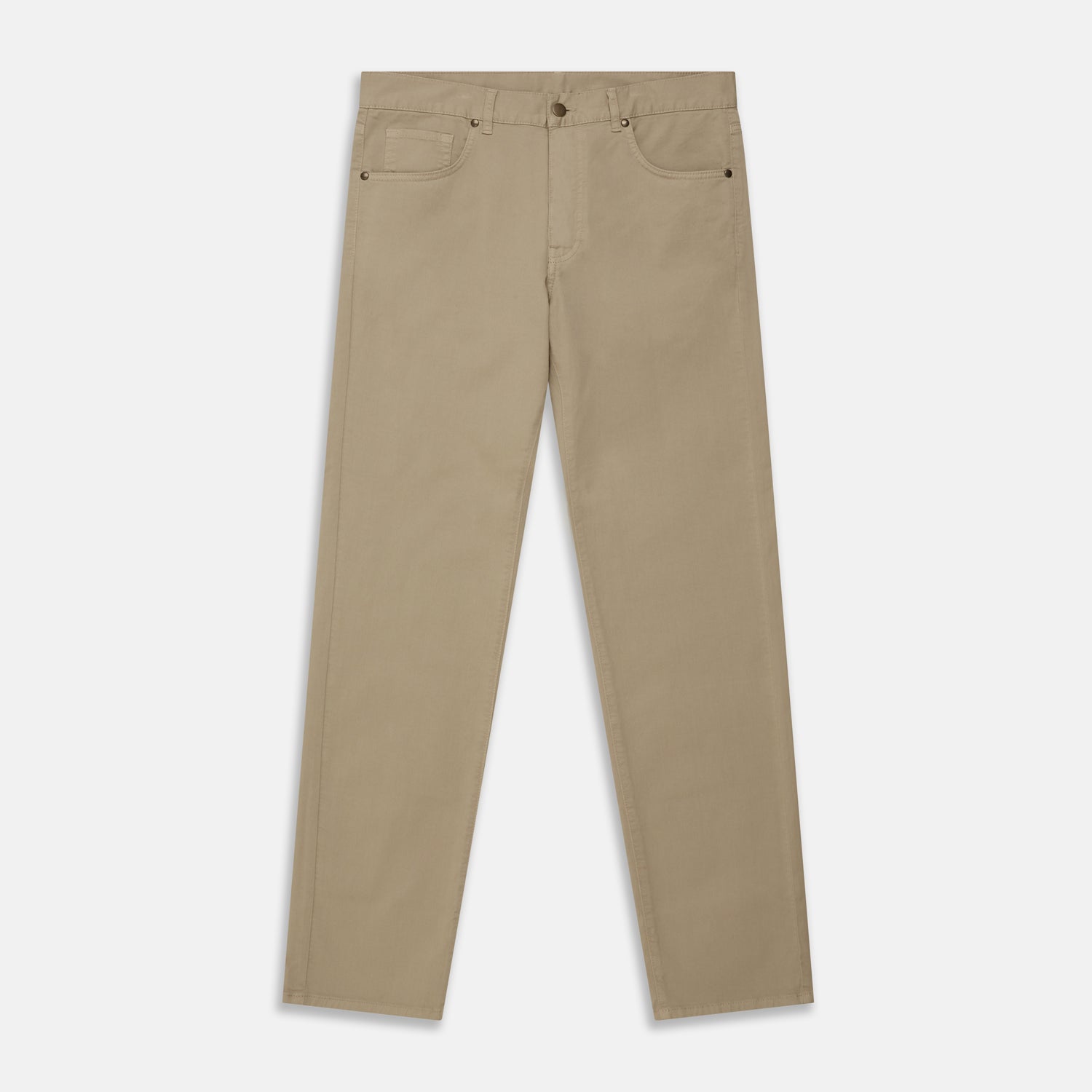View 1 of product The Turnbull & Asser Khaki Stretch Cotton Five-Pocket Mylo Jeans are shown flat on a white background, highlighting their straight-leg fit, front and back pockets, belt loops, and button waist closure.
