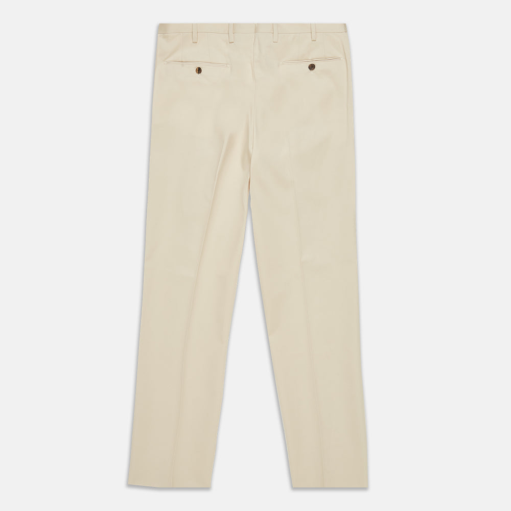 The Turnbull & Asser Sand Cotton Pleated Gerry Trouser features belt loops, front pockets, a button closure, and a classic fit. Shown laid flat on a white background.