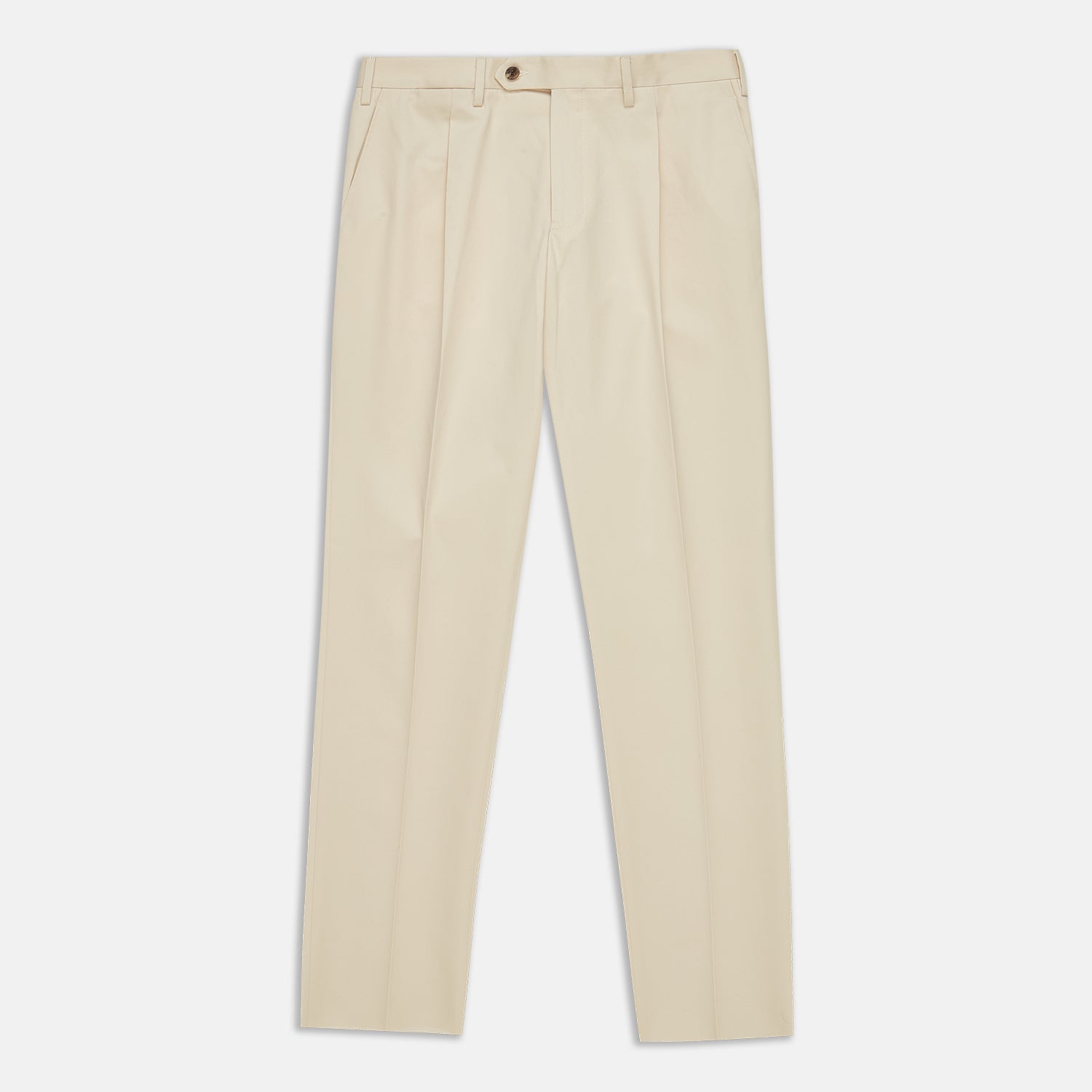 View 1 of product The Turnbull & Asser Sand Cotton Pleated Gerry Trouser features belt loops, front pockets, a button closure, and a classic fit. Shown laid flat on a white background.