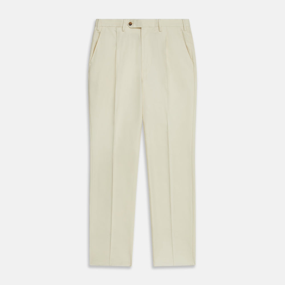 The Cream Lightweight Wool Pleated Jasper Trouser by Turnbull & Asser features side pockets and a button closure, expertly crafted from lightweight wool in cream and displayed on a plain white background.