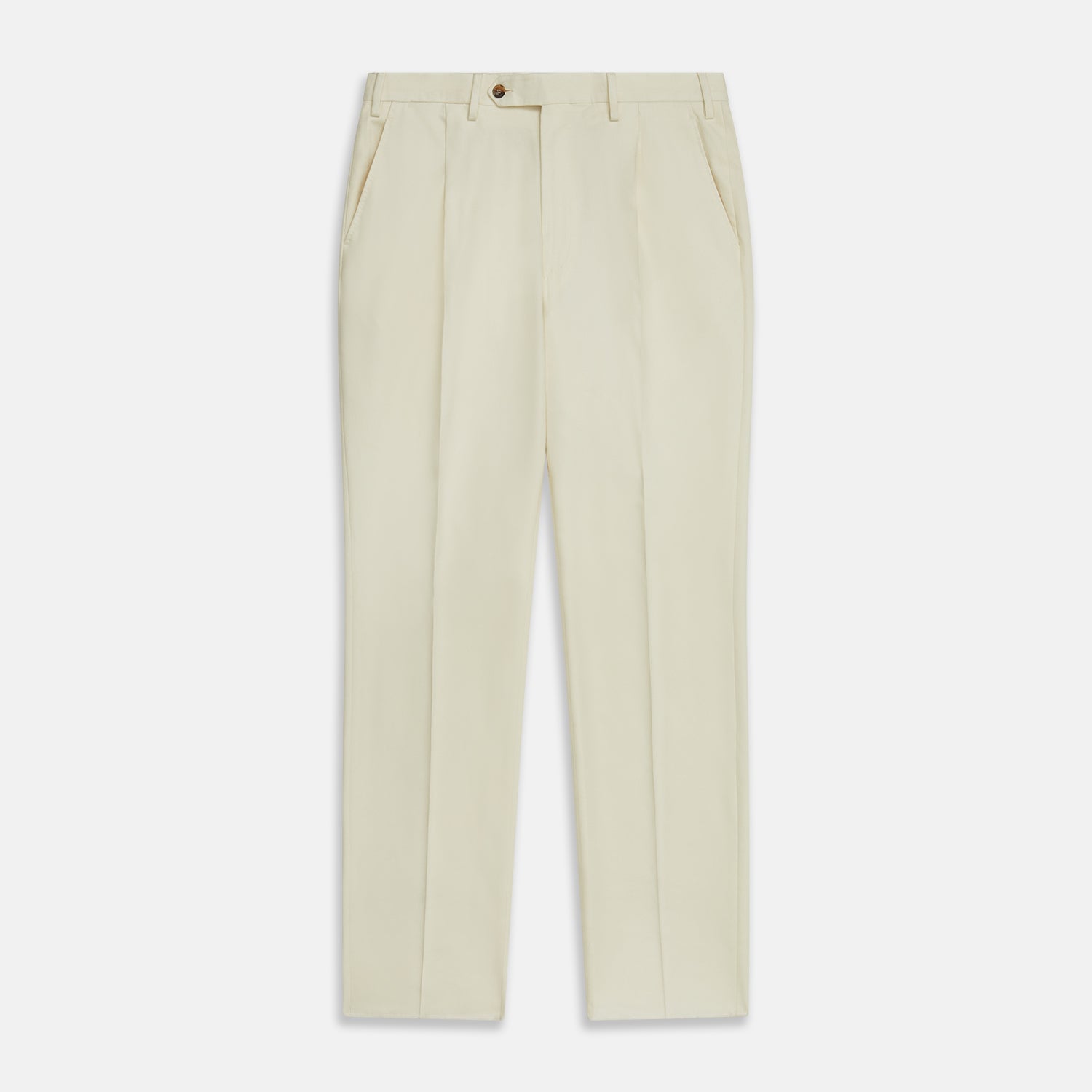View 1 of product The Cream Lightweight Wool Pleated Jasper Trouser by Turnbull & Asser features side pockets and a button closure, expertly crafted from lightweight wool in cream and displayed on a plain white background.