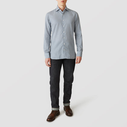 Blue Multi Check Tailored Fit Shirt with Kent Collar and 2-Button Cuffs Image 1