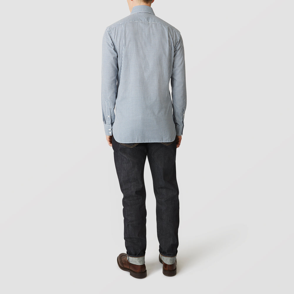 The Turnbull & Asser Blue Multi Check Tailored Fit Shirt features a Kent collar, 2-button cuffs, and a fine blue and white checked pattern—an essential men's wardrobe piece—shown flat on a white background.