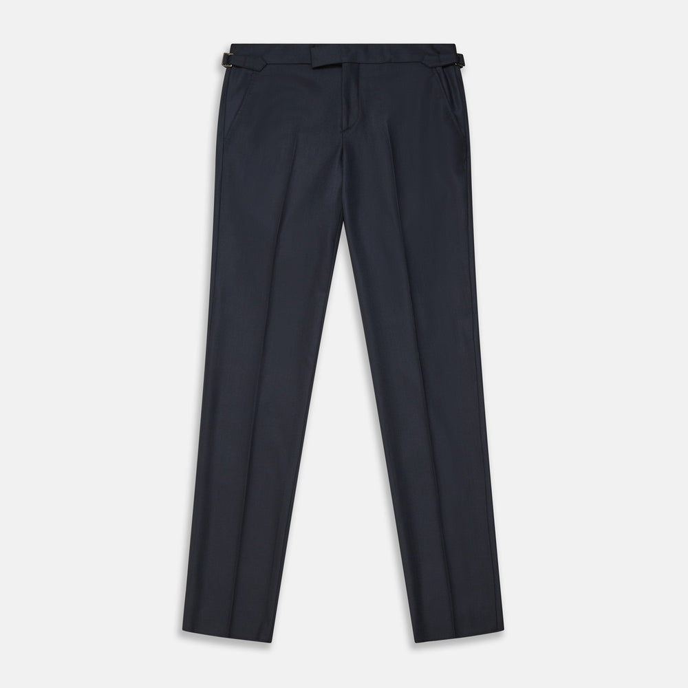 The Navy Escorial Wool Jonathan Trousers by Turnbull & Asser, featuring side adjusters, front pleats, and side pockets, are shown laid flat on a white background.