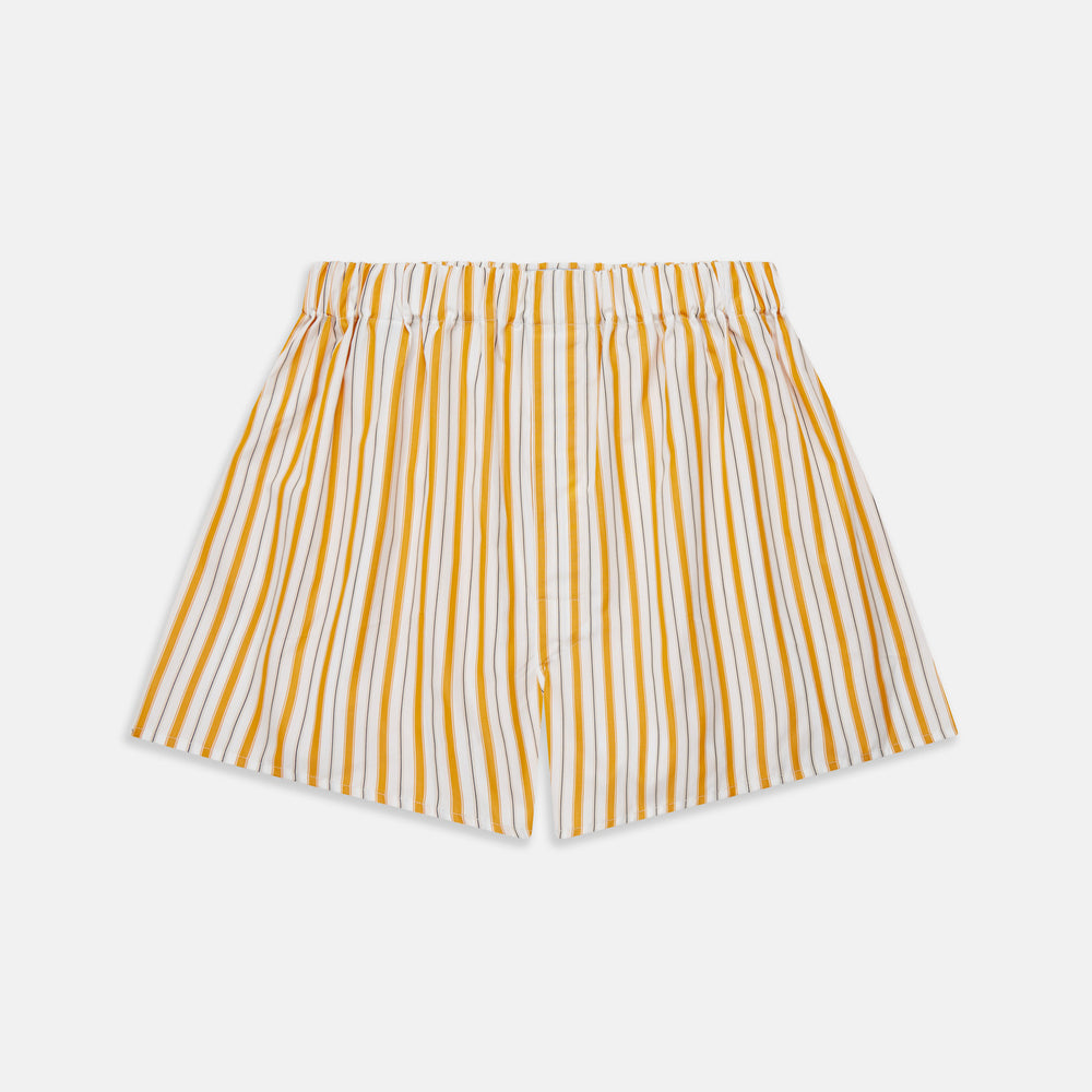 Turnbull & Asser Blue, Orange & Navy Stripe Cotton Boxer Shorts featuring an elastic waistband, displayed flat on a plain white background.