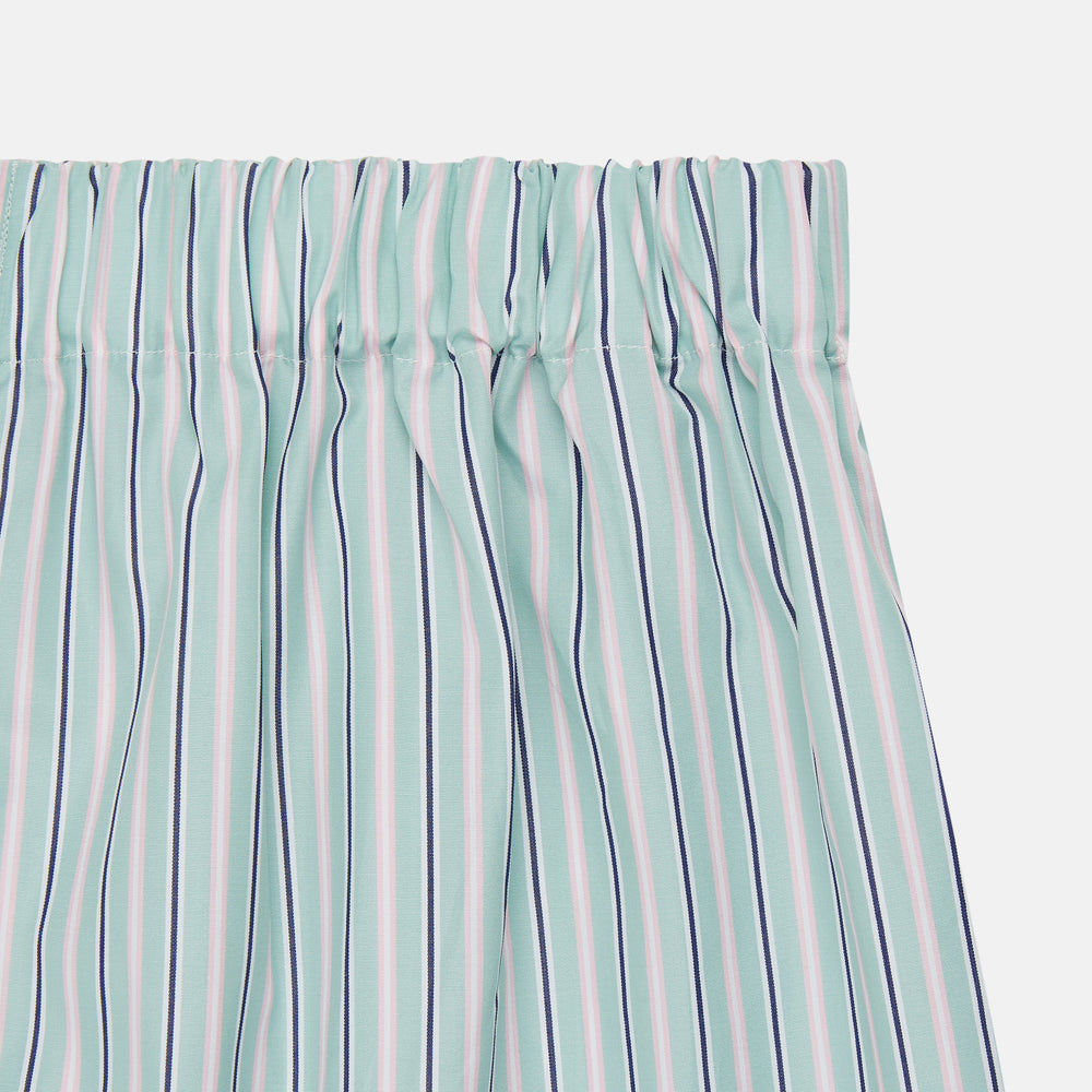 Green, navy & pink stripe cotton boxer shorts from Turnbull & Asser with an elastic waistband, displayed flat on a plain white background—ideal for those seeking luxury underwear with timeless style.