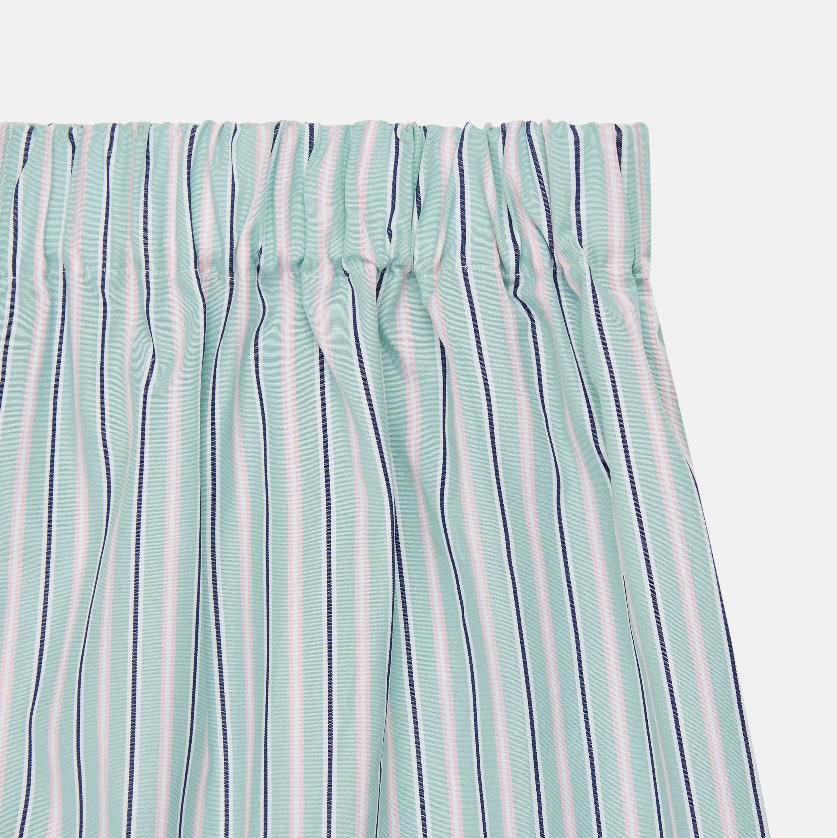 View 2 of product Green, navy & pink stripe cotton boxer shorts from Turnbull & Asser with an elastic waistband, displayed flat on a plain white background—ideal for those seeking luxury underwear with timeless style.